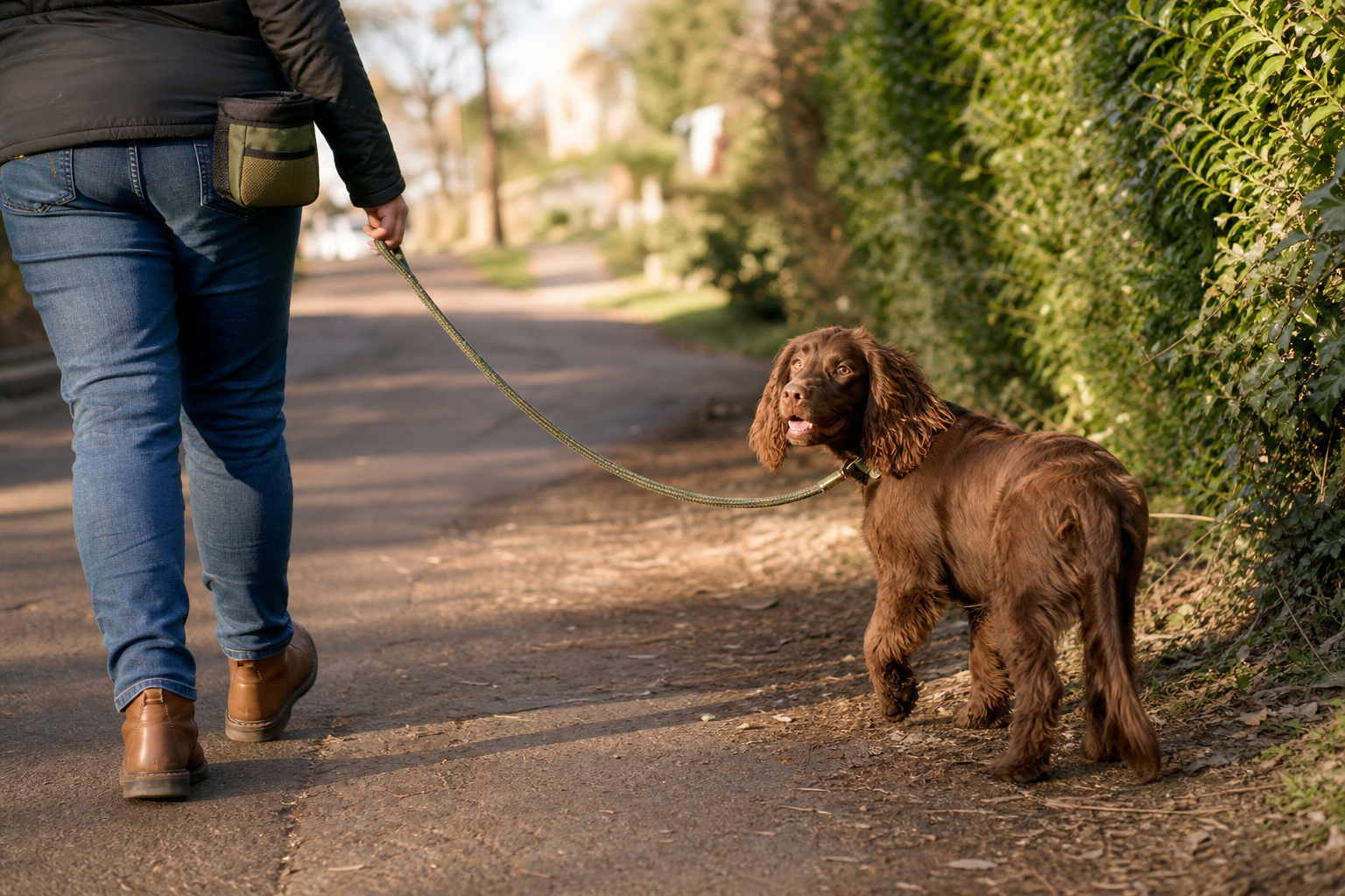 A brown spaniel checks in with its owner during a relaxed loose-lead walk beside a hedge.