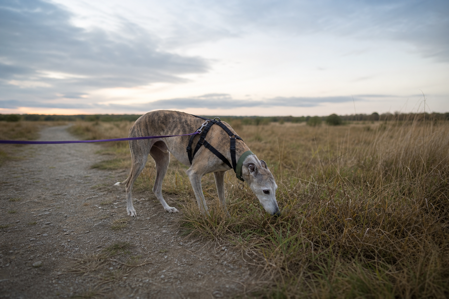 A rescue greyhound sniffs wild grass on a quiet trail with comfortable space around it.