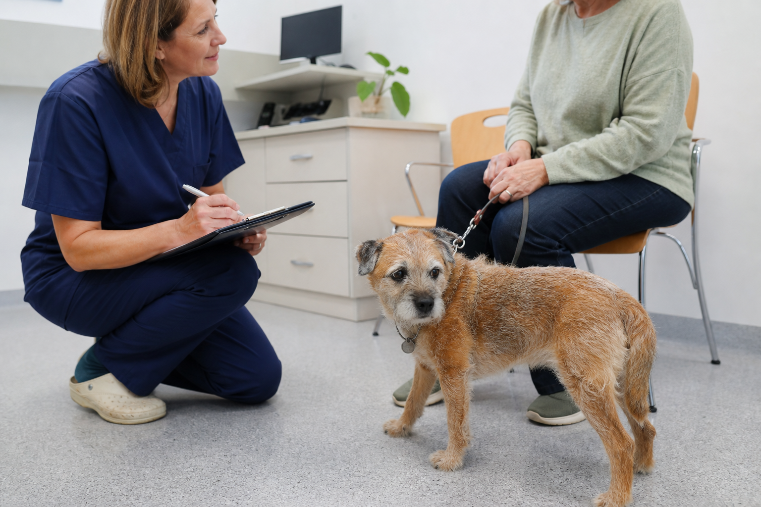 A senior terrier stands beside its owner while a veterinary professional observes and takes notes.
