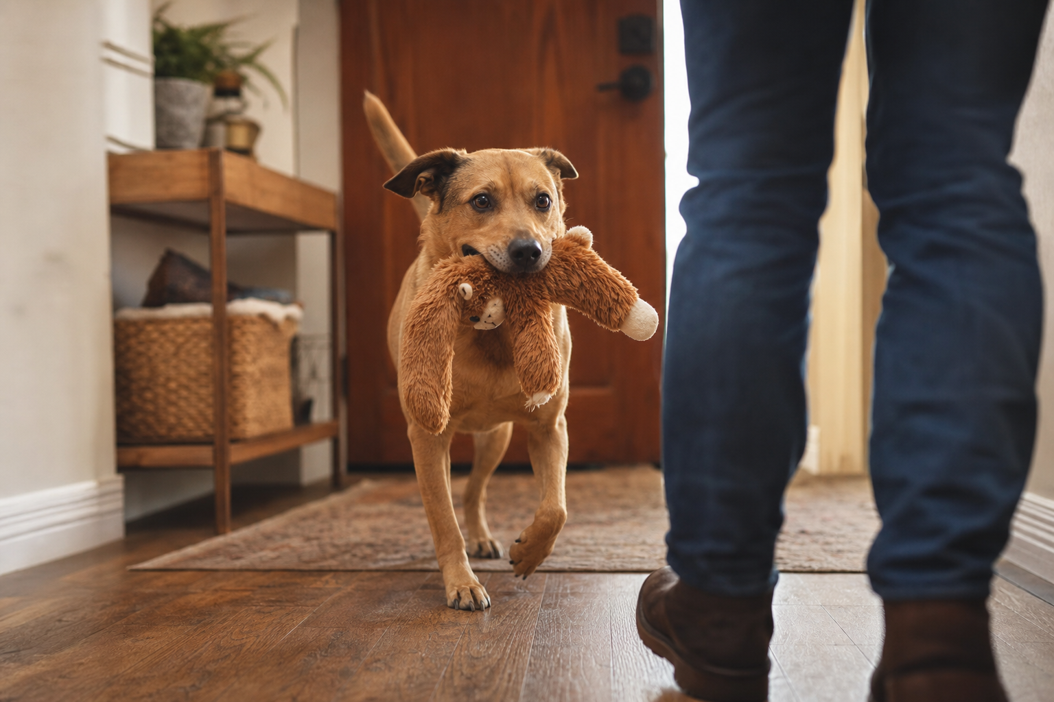 A tan mixed-breed dog carries a plush toy to a person standing in a warm home entryway.