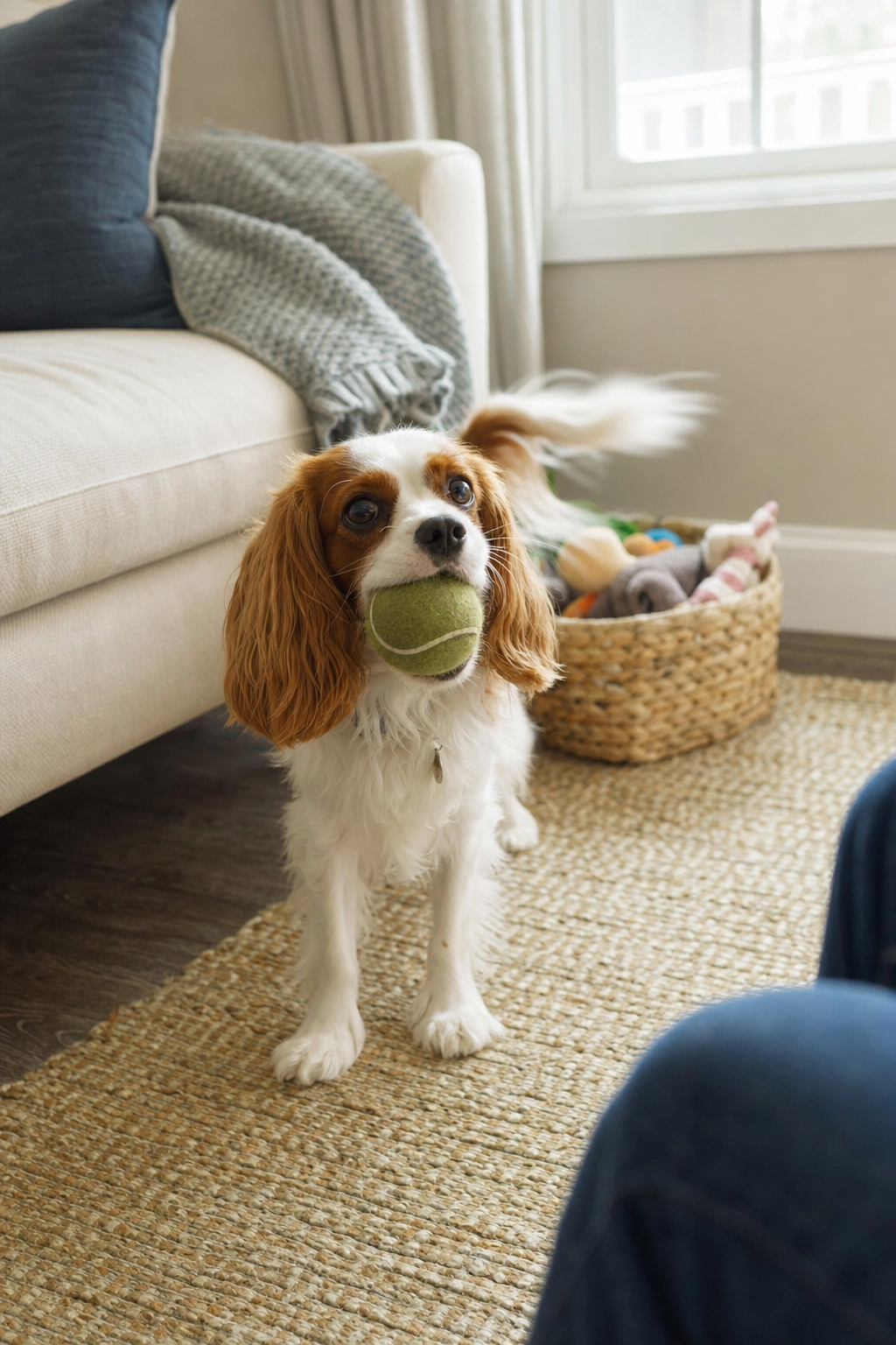 A small spaniel holds a tennis ball near a toy basket while looking toward a seated person.