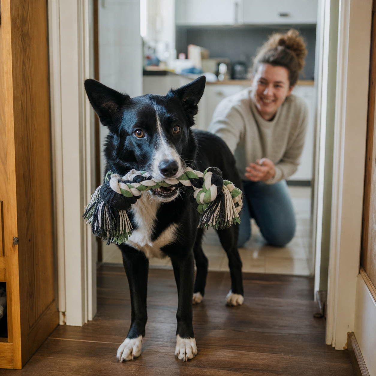 A black-and-white dog holds a rope toy near a door while an owner crouches nearby.