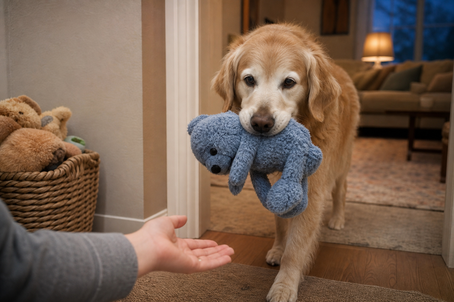 An older golden retriever holds a blue plush toy while a person reaches gently toward it.