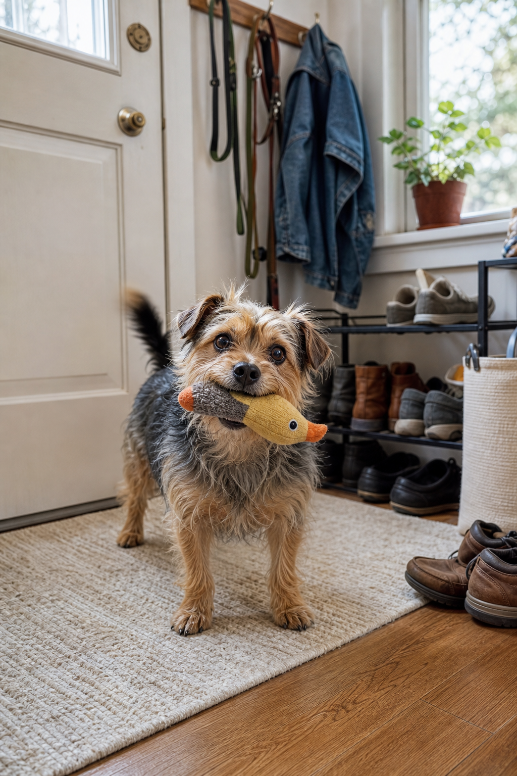 A small terrier mix carries a duck toy near an open front door.