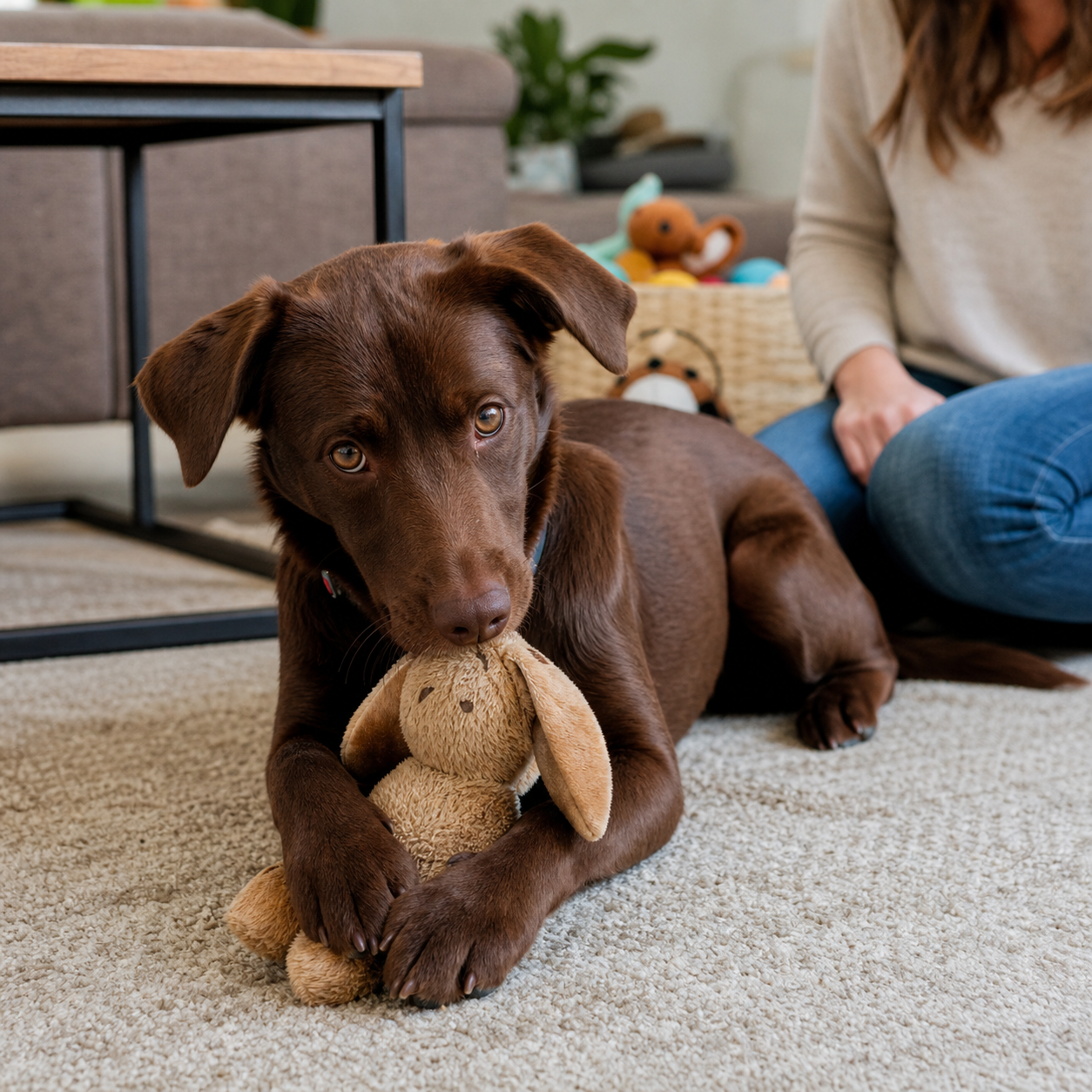 A chocolate lab mix lies on a rug holding a plush toy between its paws while an owner sits nearby.