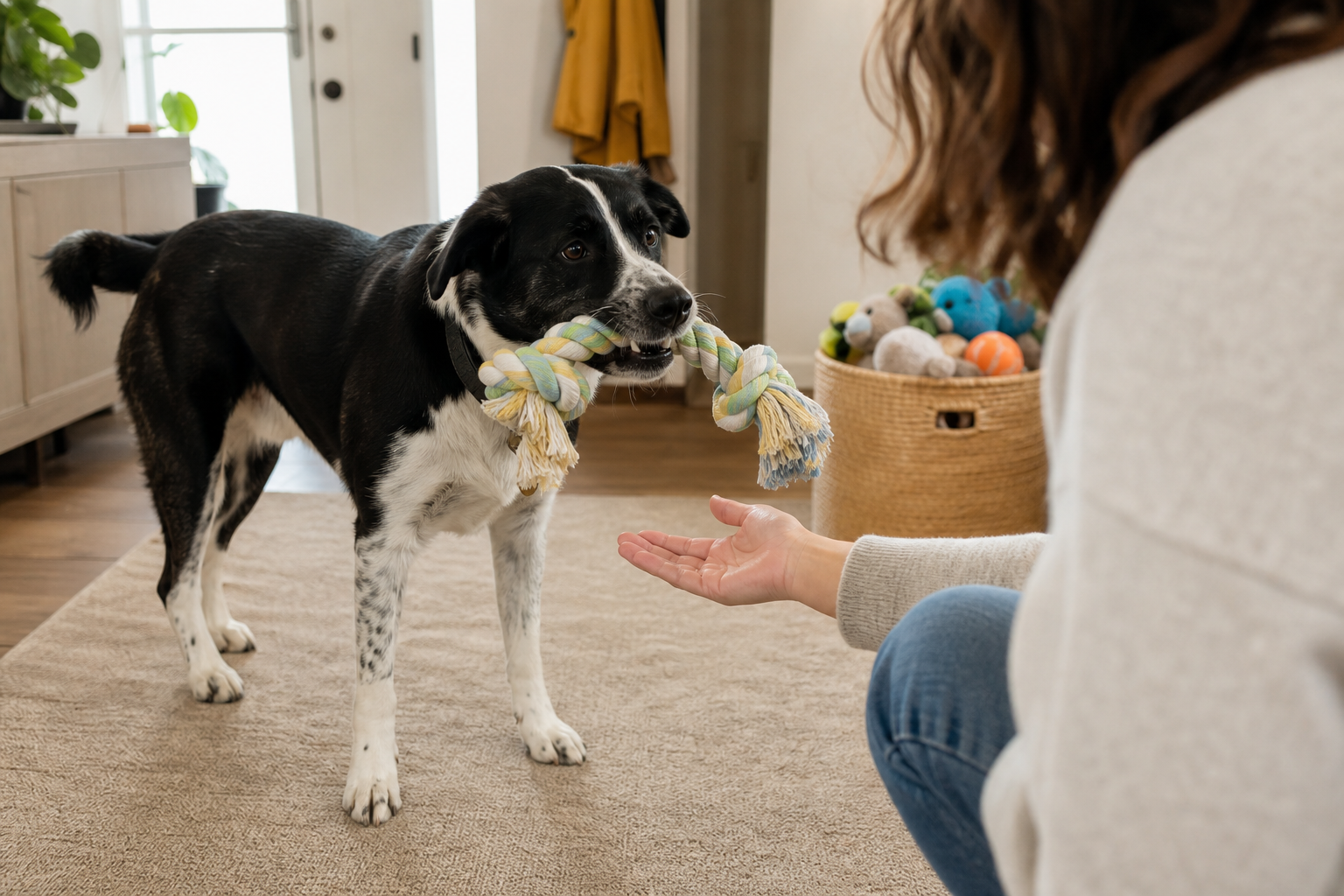 A black-and-white dog holds a rope toy while an owner calmly offers an open hand.
