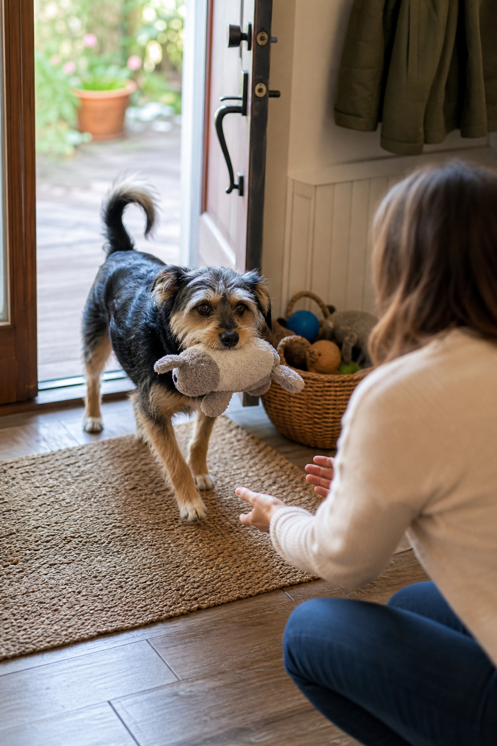 A small mixed-breed dog carries a plush toy to an owner crouching calmly near the front door.