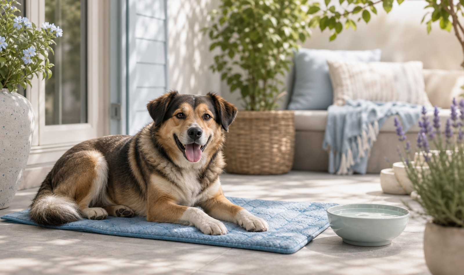 A dog waits calmly near a lead, water bottle and collapsible bowl before a cooler morning or evening walk.