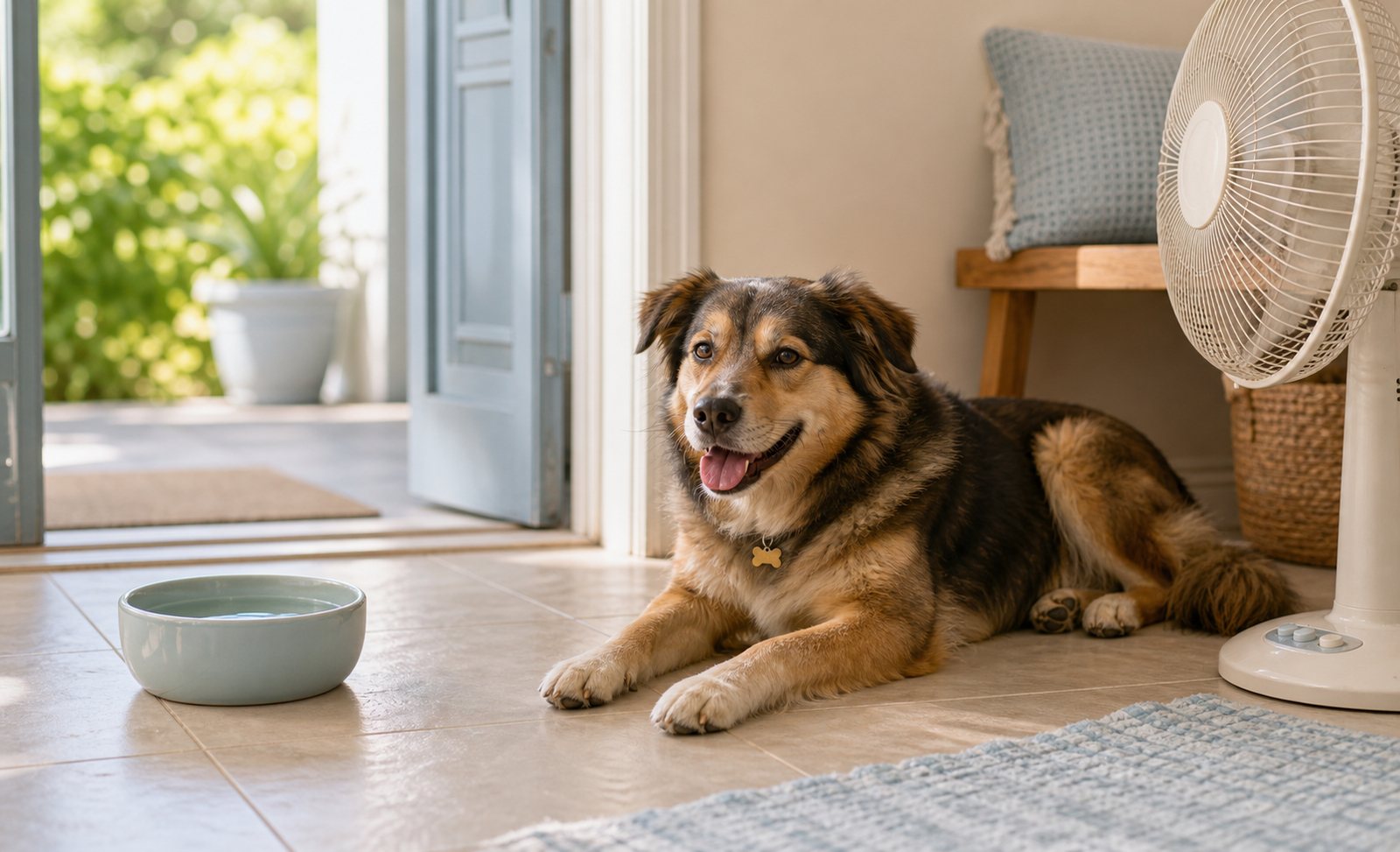 A dog rests on a cool indoor floor near shade and fresh water during warm weather.