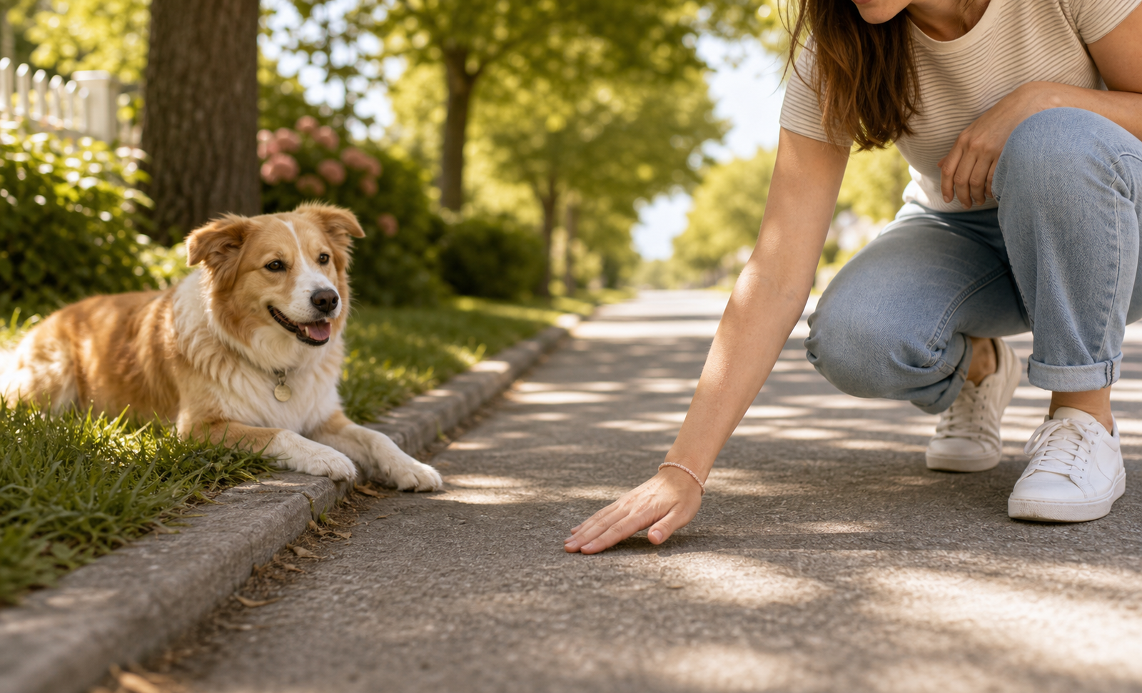 A person checks a warm pavement surface while a dog waits safely on shaded grass.