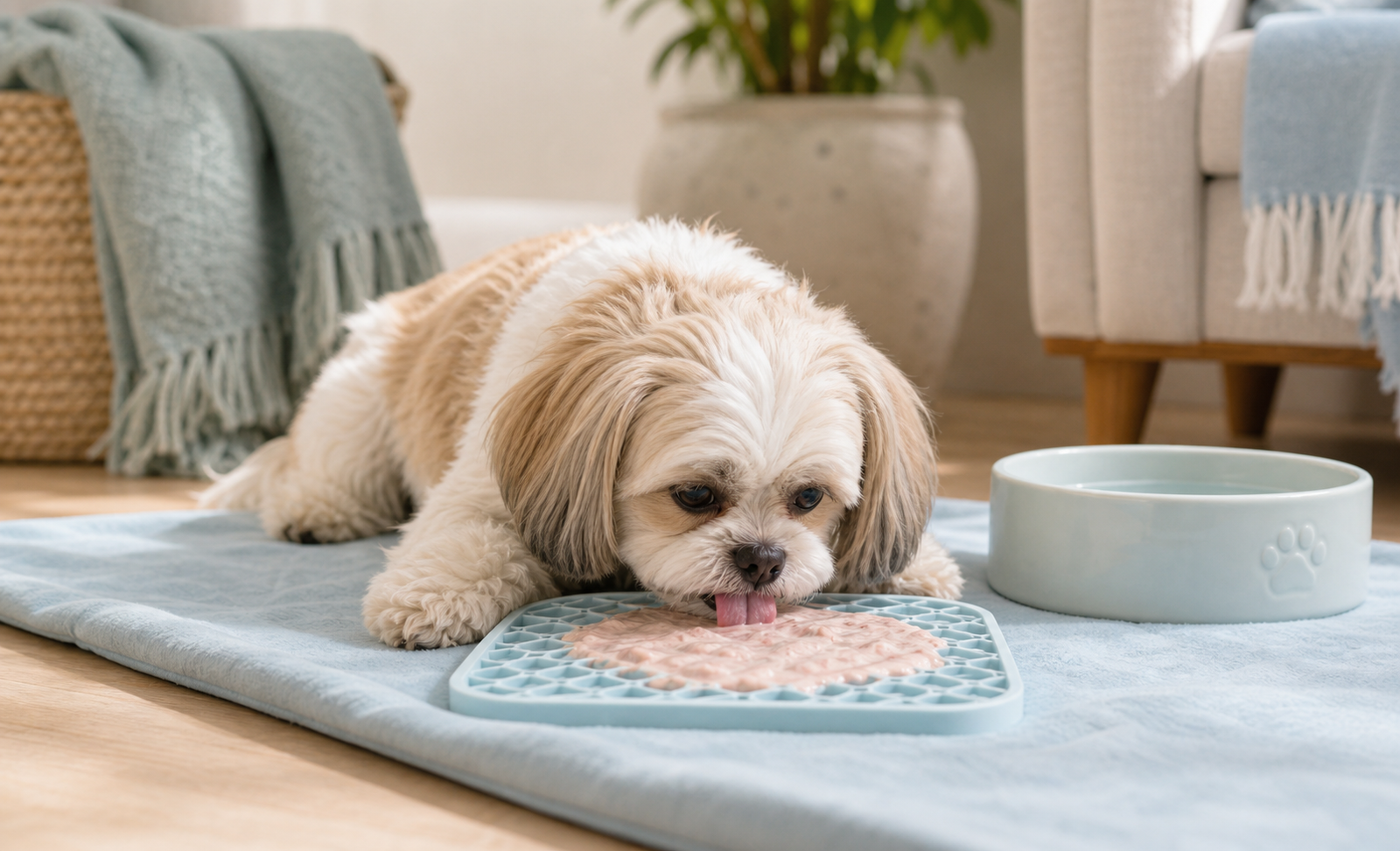 A small dog enjoys a cool enrichment treat indoors with water nearby.