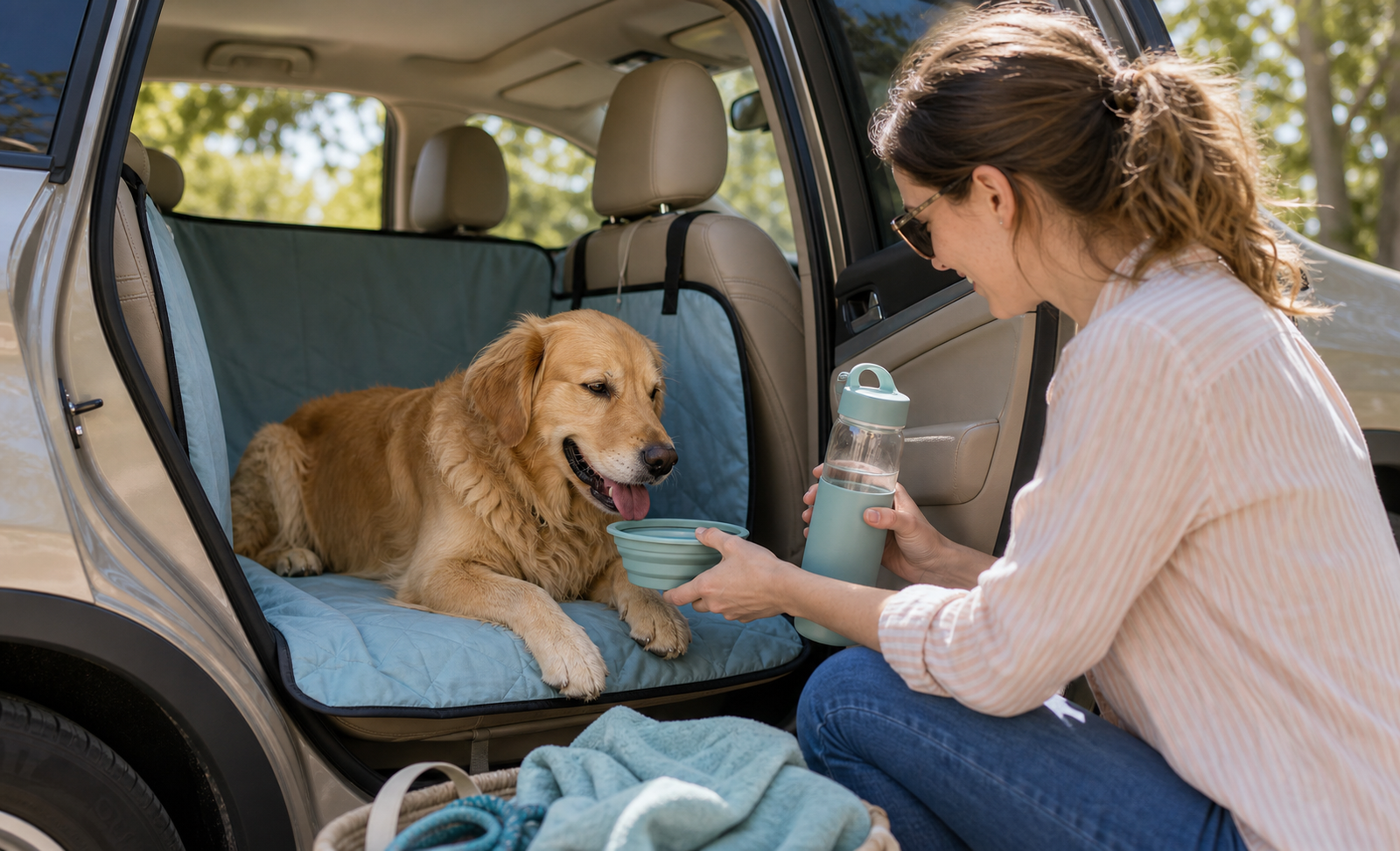 A dog takes a shaded car travel break with the door open and water offered nearby.