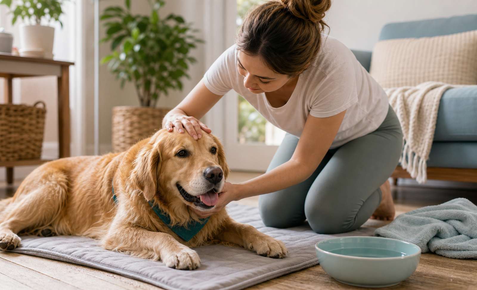 A dog rests indoors after a warm walk while a person checks on them with water nearby.