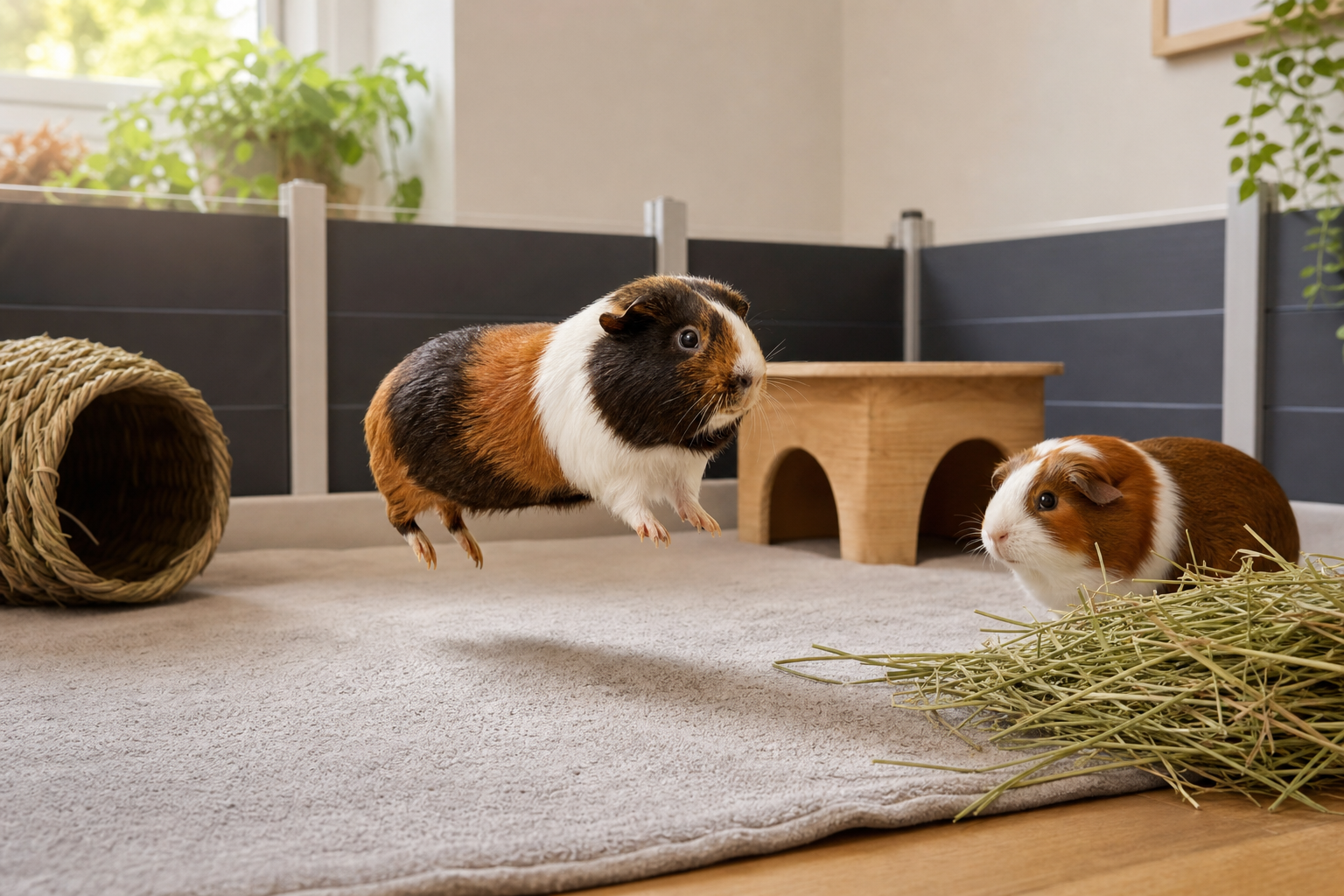A tricolor guinea pig springs into the air while another guinea pig stands near hay in a safe indoor enclosure.