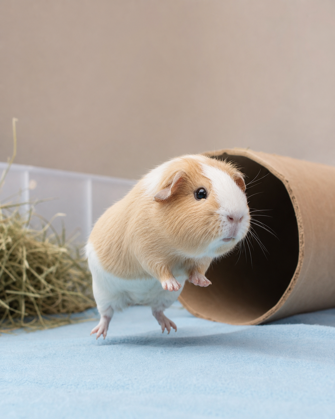A cream-and-caramel guinea pig jumps beside a cardboard tunnel on a soft blue floor.