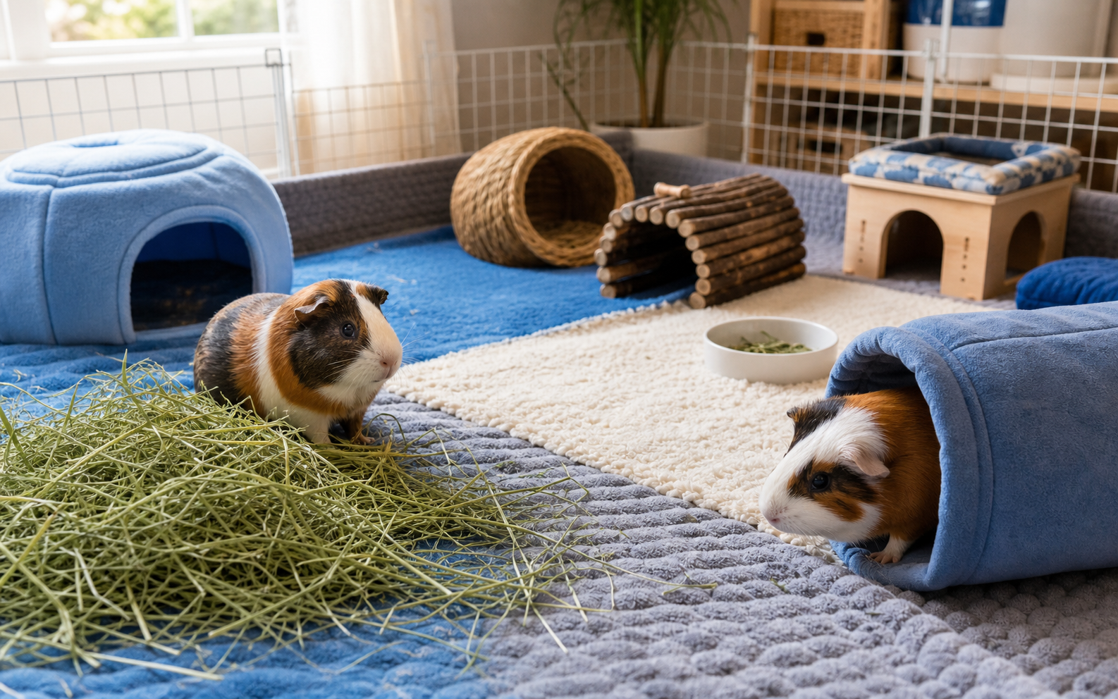 Two guinea pigs rest and explore beside hay and open-ended hides in a spacious indoor enclosure.