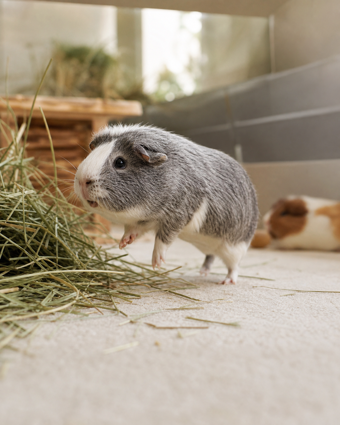 An adult grey-and-white guinea pig makes a small controlled hop beside fresh hay.
