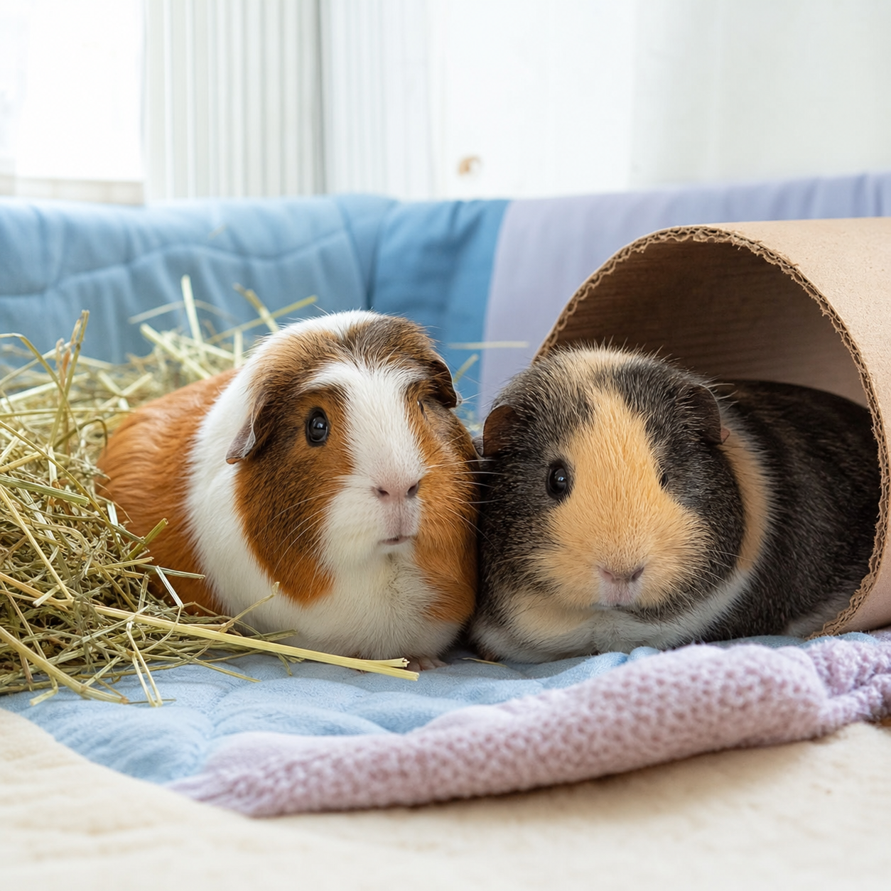 Two guinea pigs rest side by side beside hay and an open-ended cardboard tunnel.
