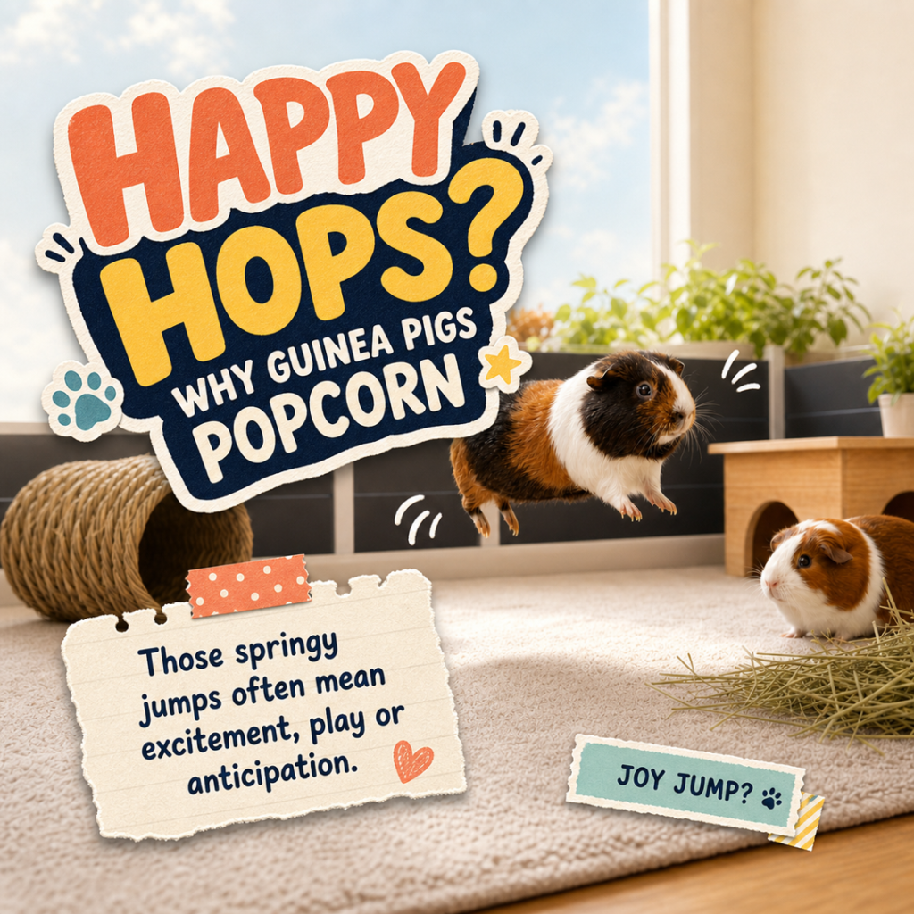 CloudyAww article thumbnail showing a tricolour guinea pig popcorning in mid-air while another guinea pig watches.