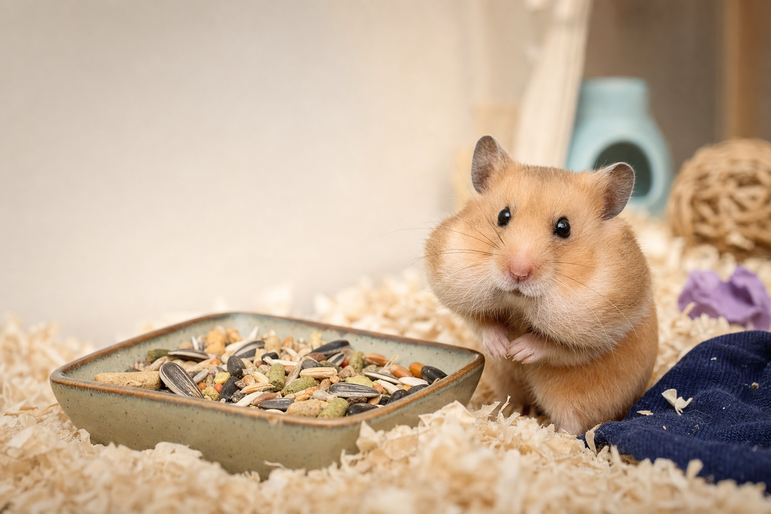 A sandy-golden Syrian hamster sits beside a forage tray with both cheek pouches visibly full.