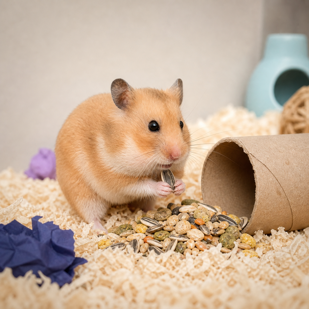 A sandy-golden hamster holds a seed beside a paper tunnel and a tidy dry-food hoard.