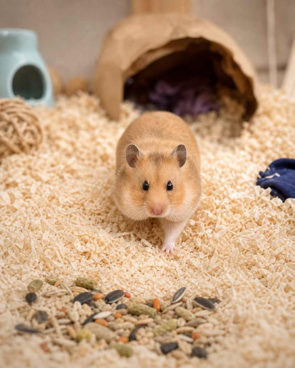 A hamster with evenly full cheeks walks through deep bedding toward a covered nest.