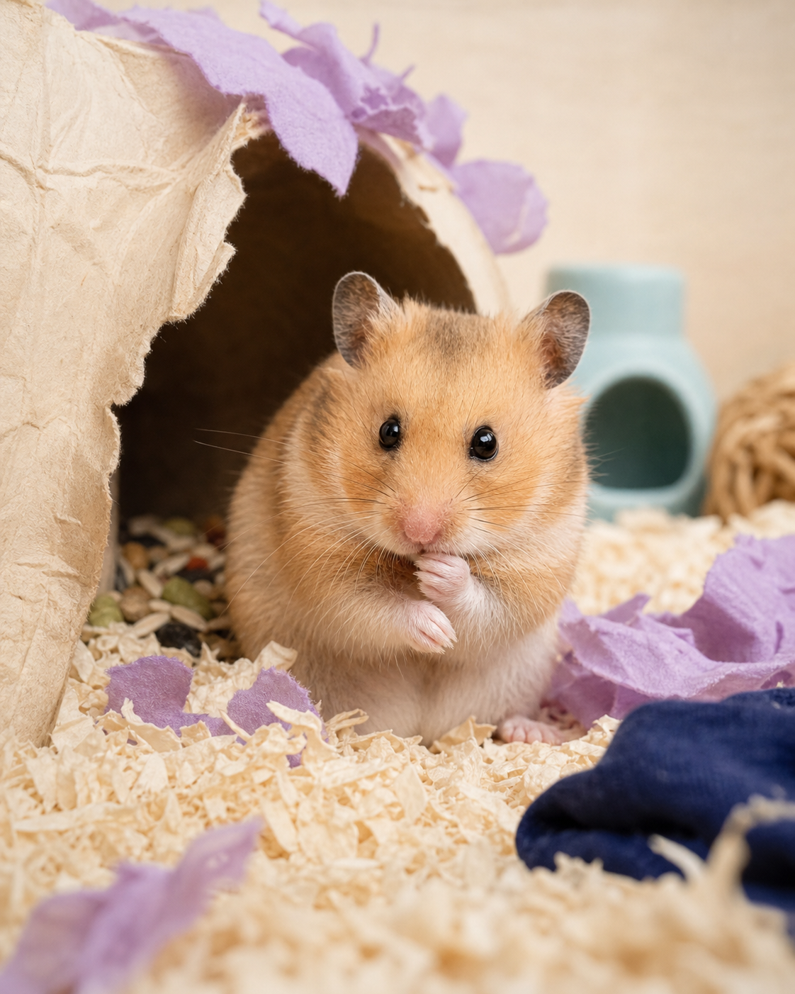 A hamster with slim even cheeks grooms beside a nest entrance after depositing food.