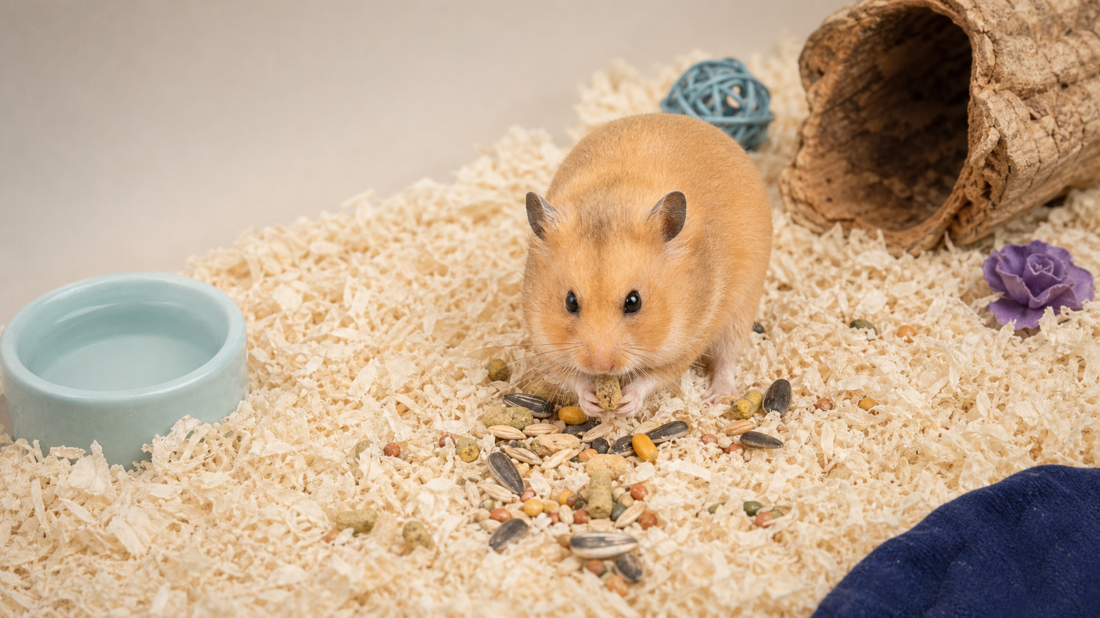A hamster calmly forages through a light scatter of dry food in a deep-bedded enclosure.