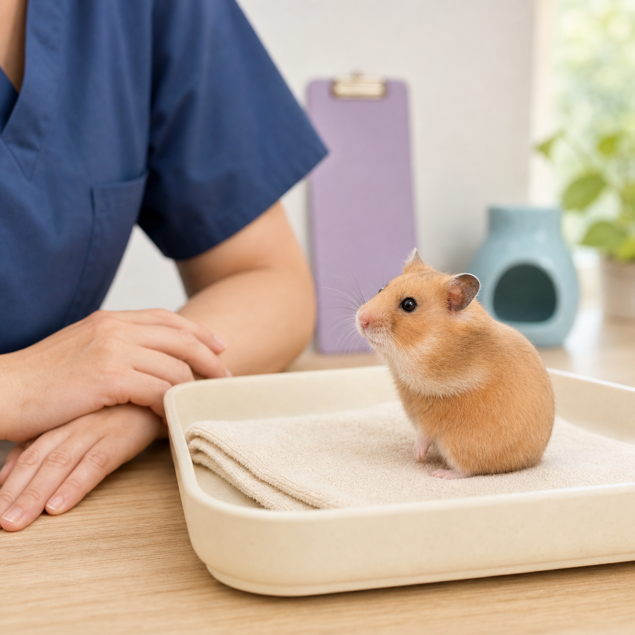 A calm hamster sits on a folded towel while an exotic veterinary professional observes its face.