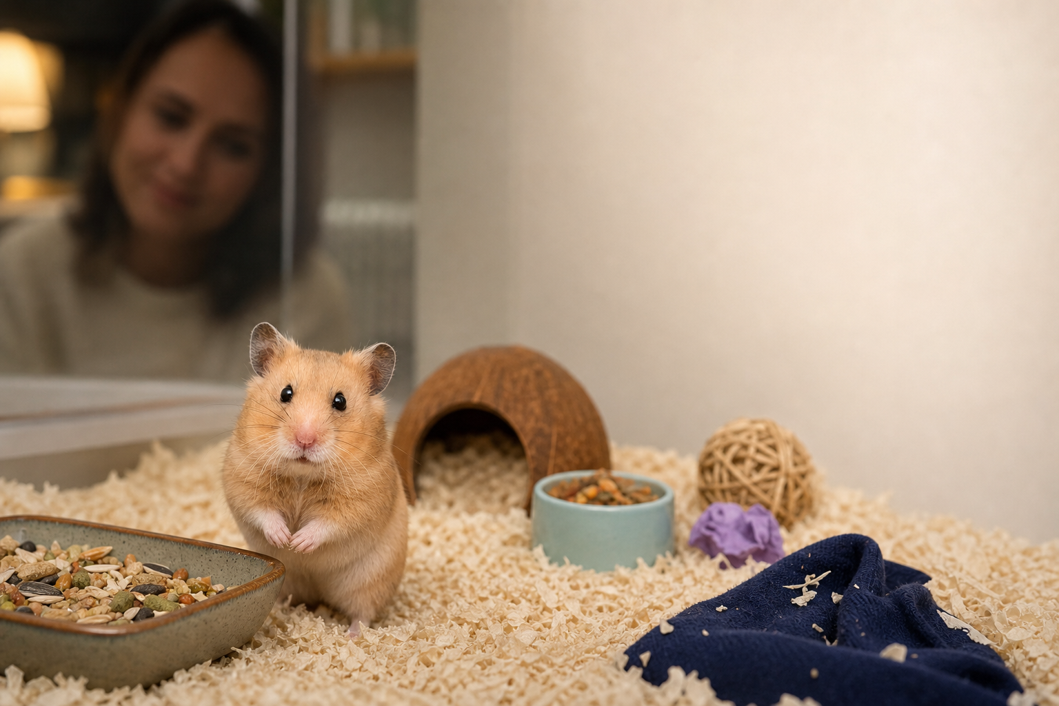 A hamster with slim symmetrical cheeks stands at the front of its enclosure during a calm evening check.