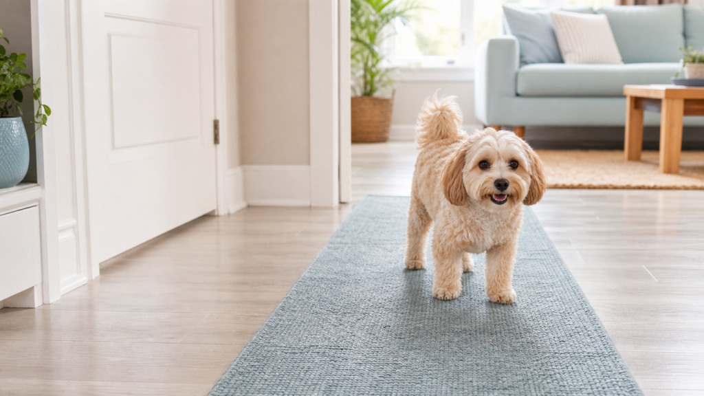 A small dog stands safely on a runner rug across a smooth floor in a cozy bright hallway.
