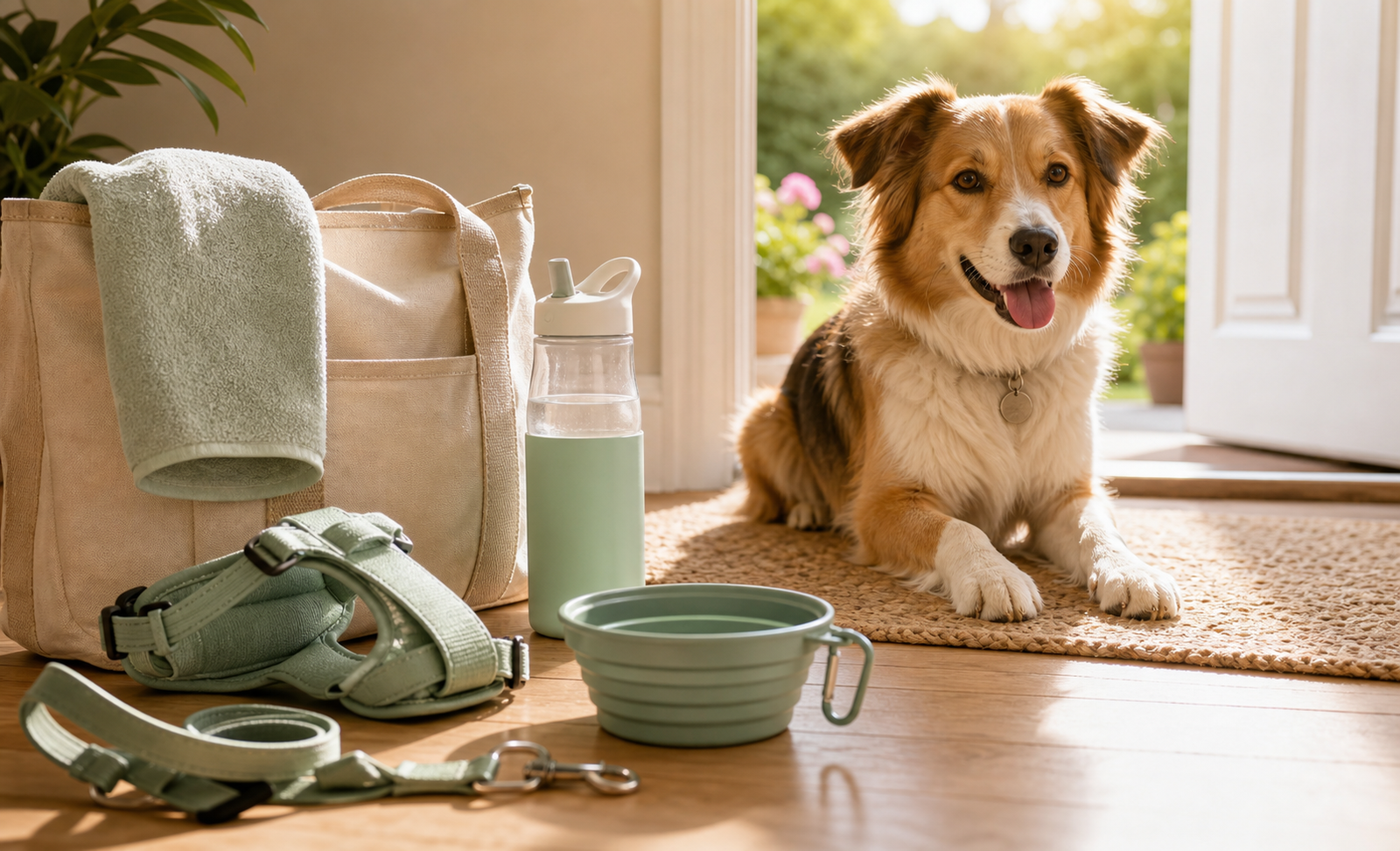 A relaxed dog rests in the shade on a cooling mat with a water bowl nearby on a warm summer patio.