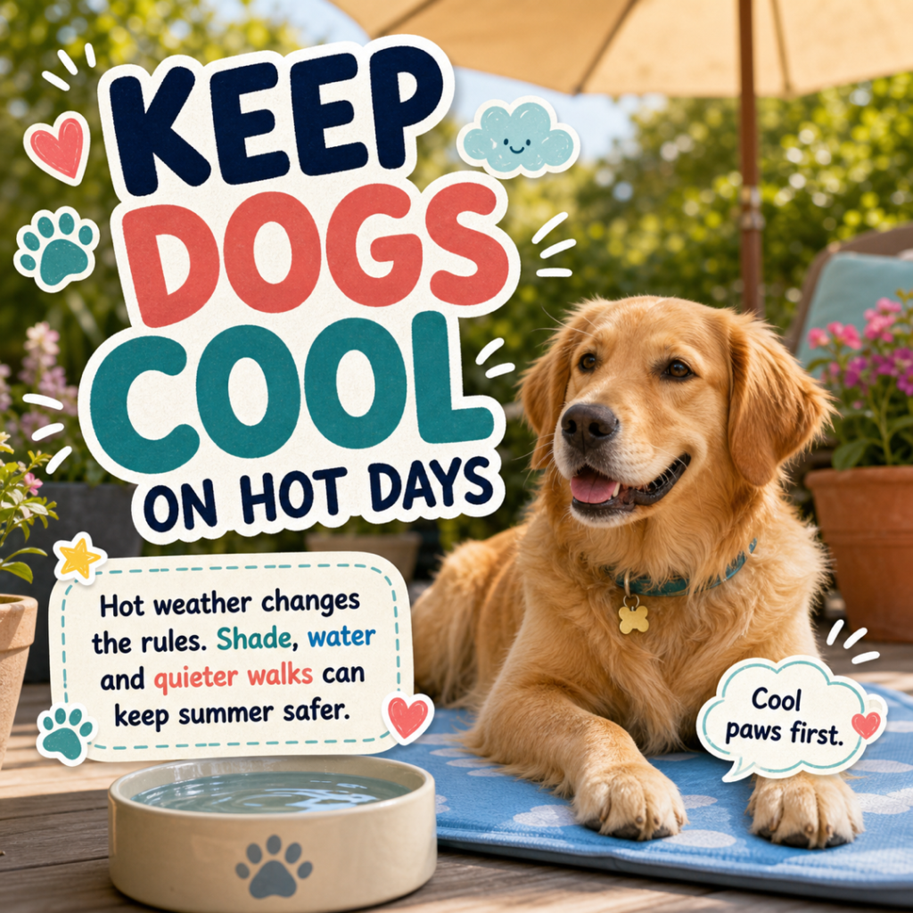 CloudyAww article card showing a relaxed dog in the shade with the title Keep Dogs Cool on Hot Days.
