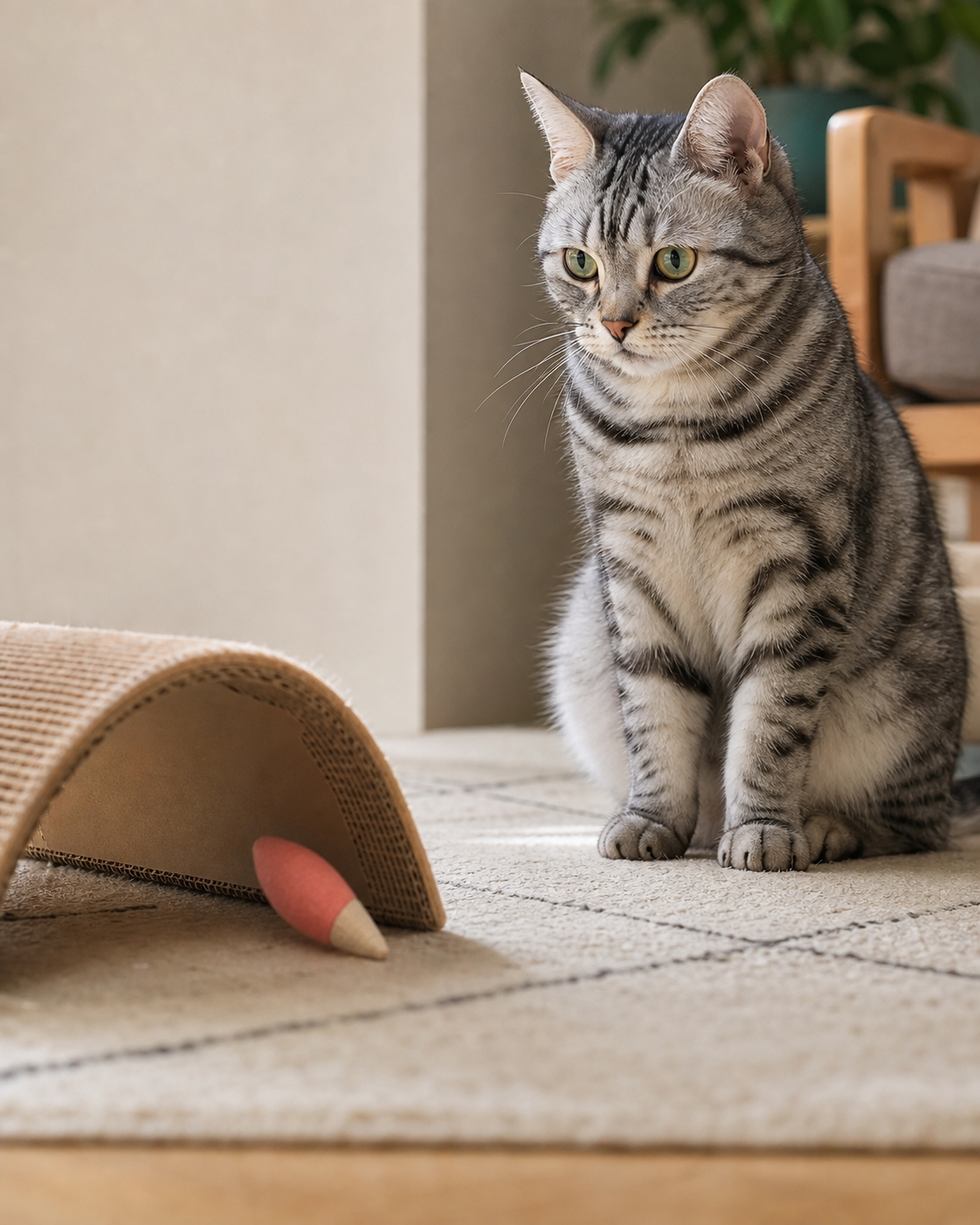 An alert silver tabby watches a fabric toy partly hidden beside a curved cardboard tunnel in a warm living room.