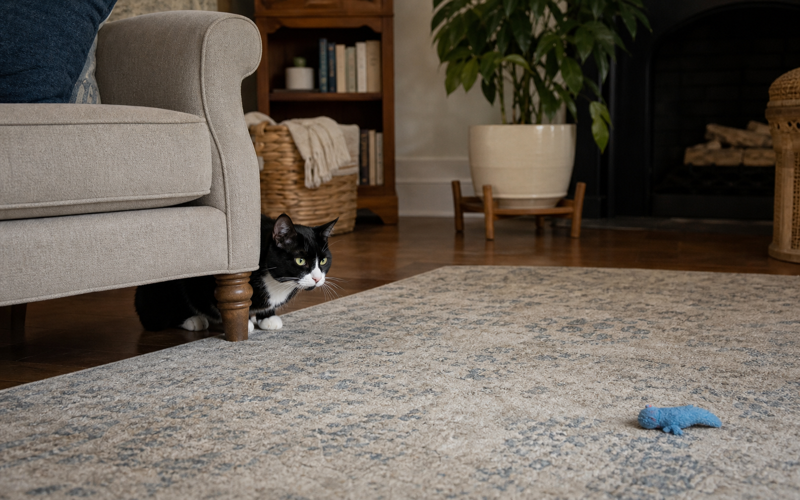 A tuxedo cat crouches behind a low armchair while watching a blue fabric lure cross the rug.