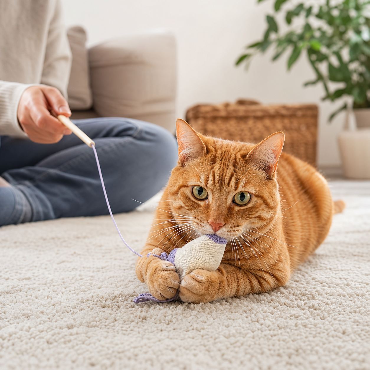 A ginger cat pins a durable fabric wand lure with both front paws while the person holds the wand loosely at a distance.