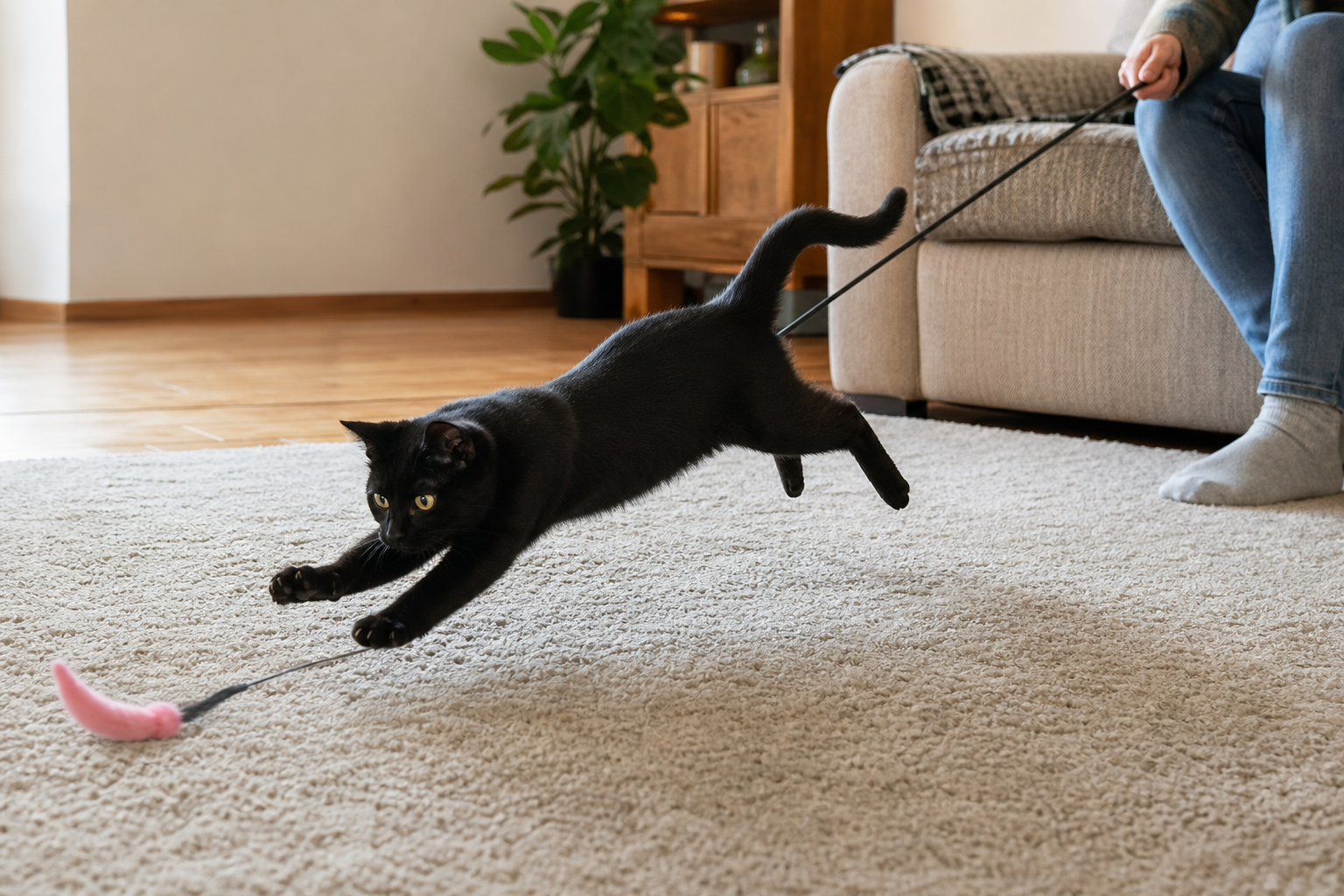 A young black cat makes a clear low pounce across a rug while a seated person guides a wand toy away.