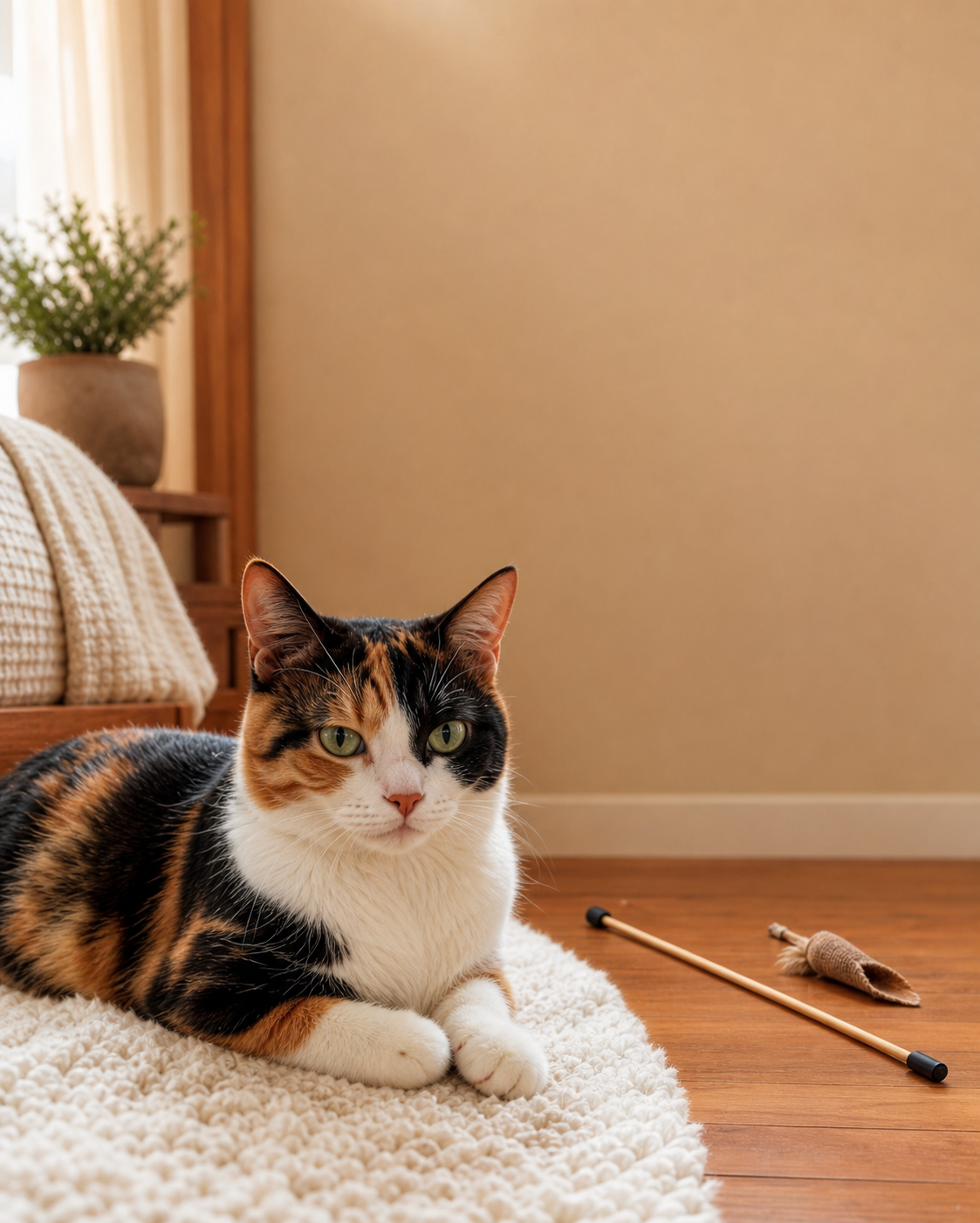 A calico cat sits with a relaxed body after play while the inactive toy rests safely on the floor.