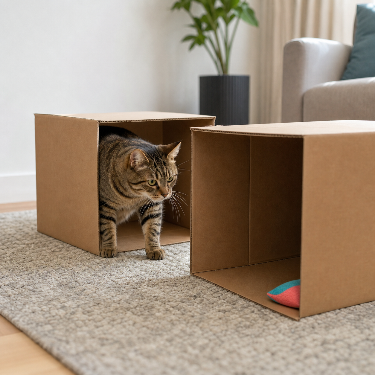 A brown tabby follows a fabric lure around the open edge of a safe cardboard-box play route.