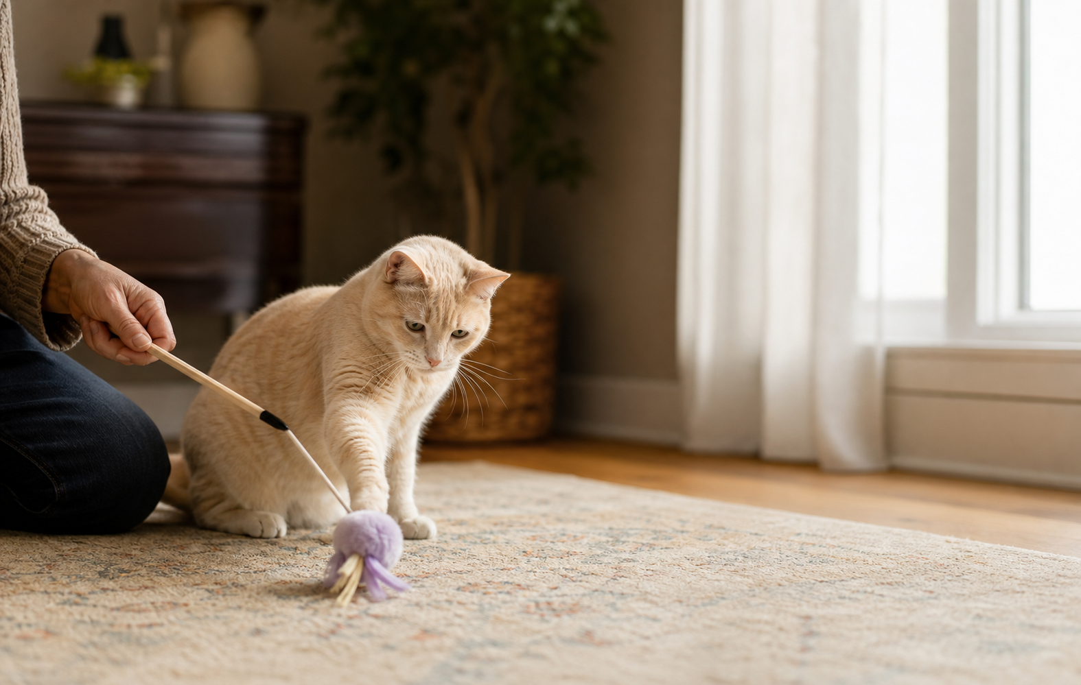 An older cream cat engages gently with a floor-level soft toy while the owner sits nearby.