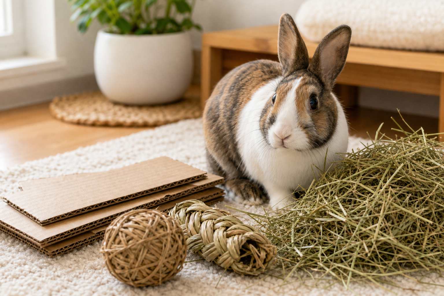 A realistic rabbit sits beside hay, cardboard and safe chew toys in a cozy bright indoor rabbit area.