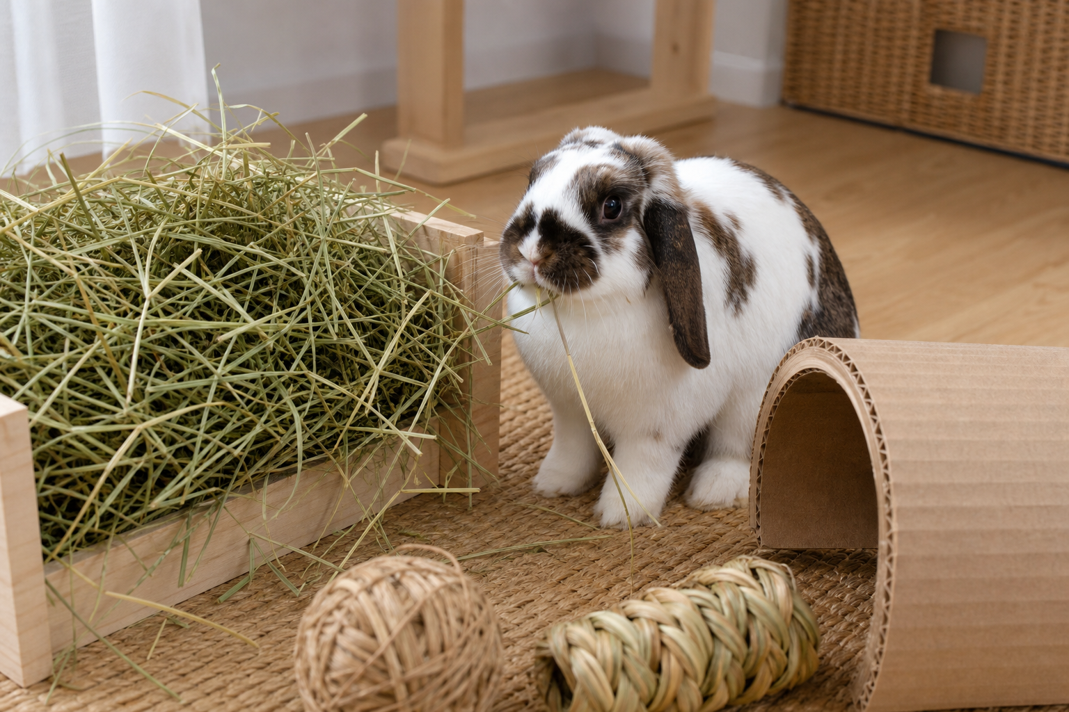 A realistic rabbit eats long strands of hay beside a cardboard tunnel in a safe indoor play area.