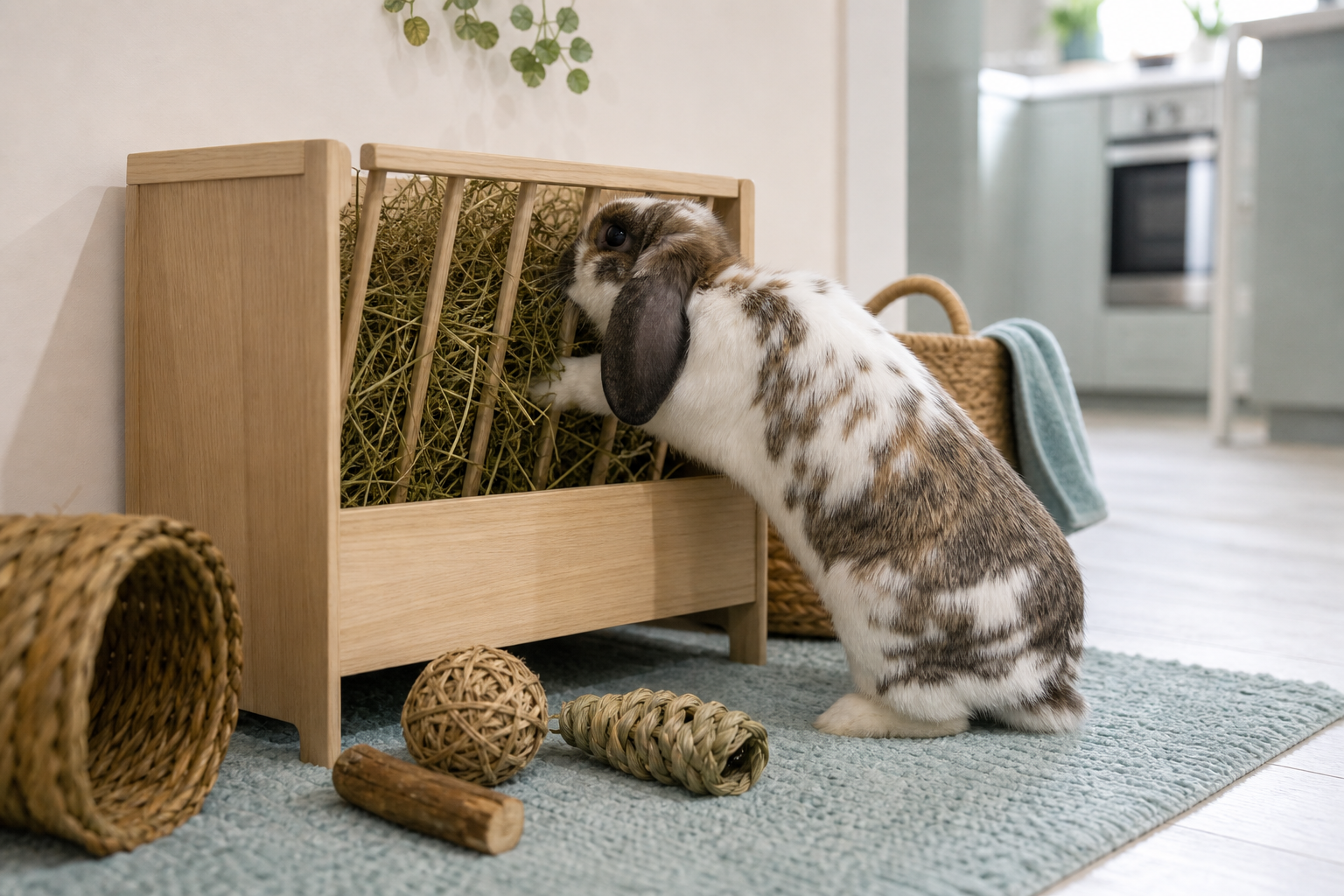 A rabbit reaches into a hay station while safe chew toys sit nearby on a soft mat.