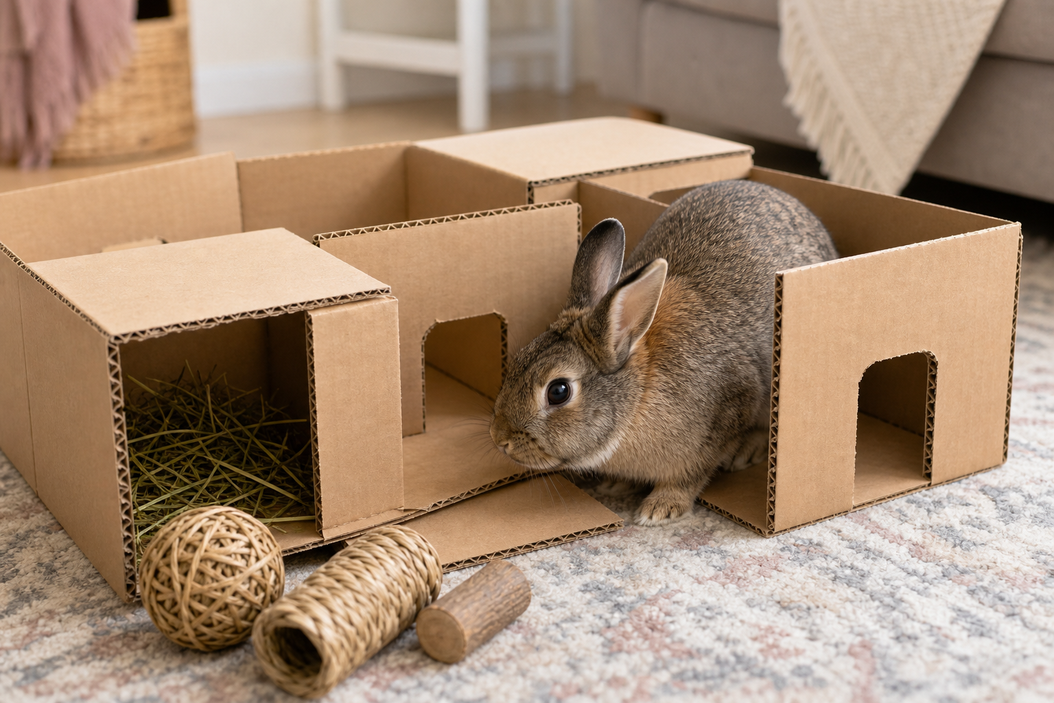 A rabbit explores a plain cardboard box maze with safe chew edges and hay tucked inside.