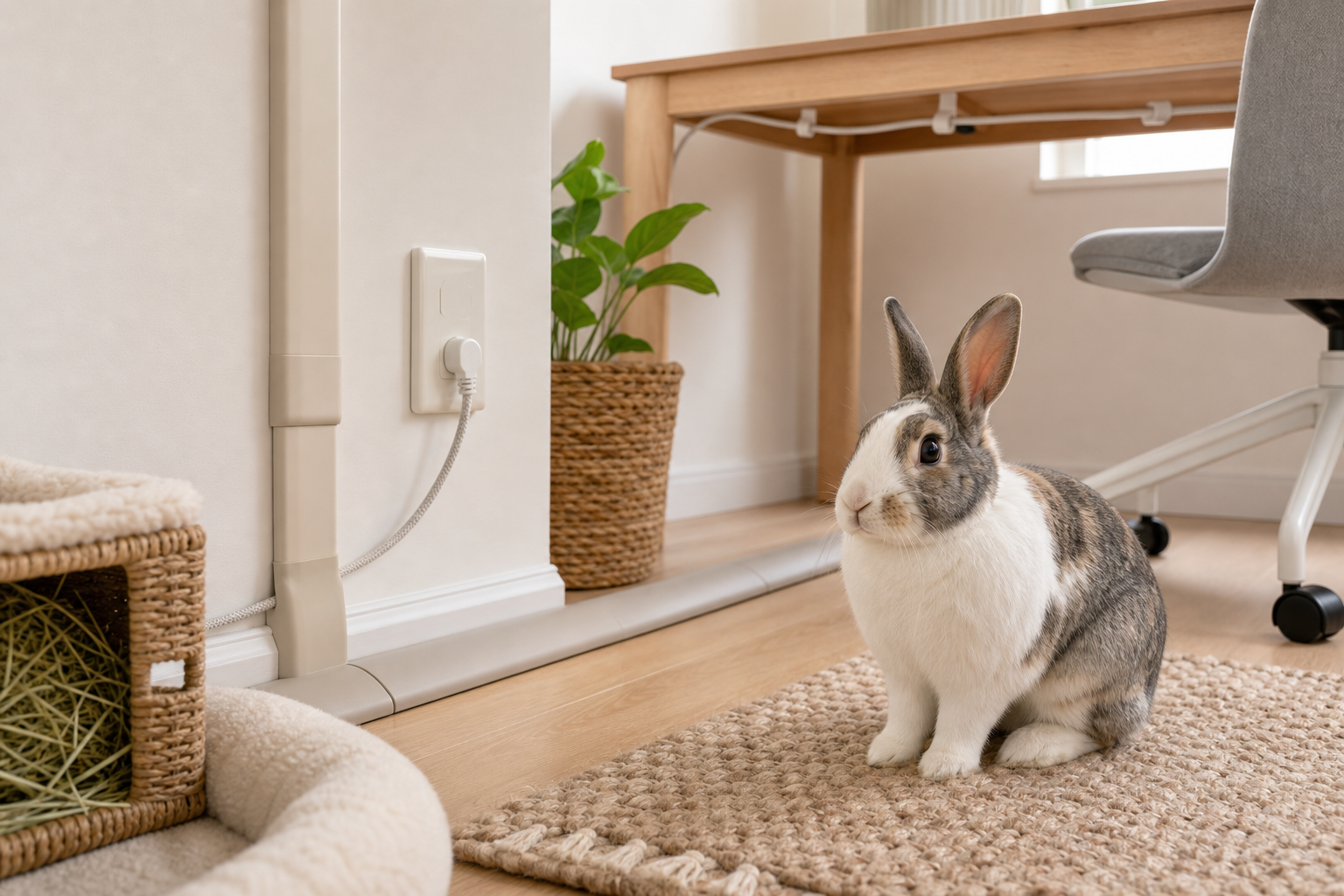 A rabbit sits in a cozy room corner with cable protection, raised cords and a protected baseboard.