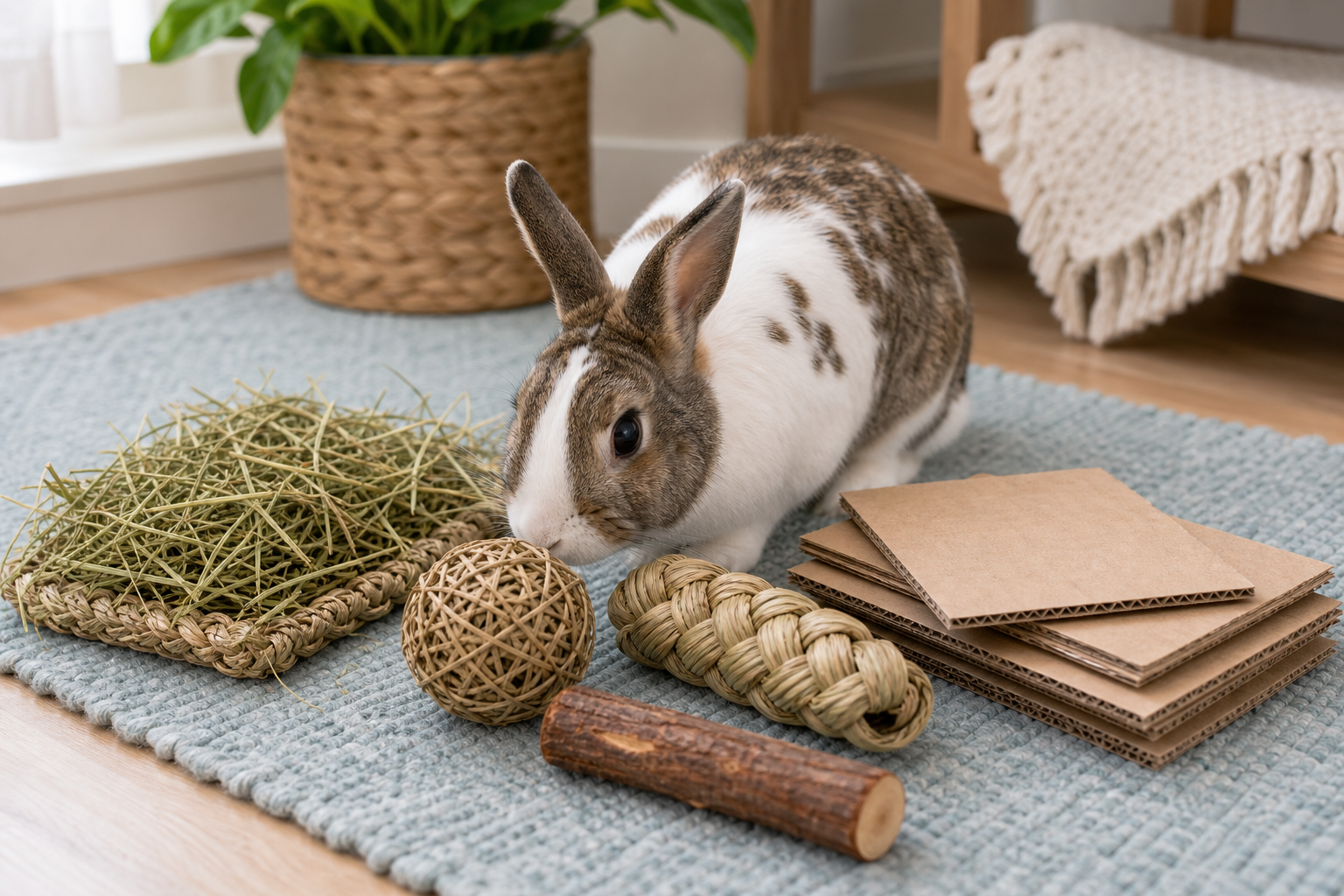A rabbit nudges safe chew toys, cardboard pieces, a hay mat and natural chew items on a soft mat.