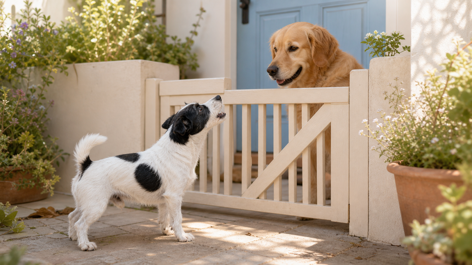 A small black-and-white dog barks toward a calm larger golden dog behind a low garden gate.