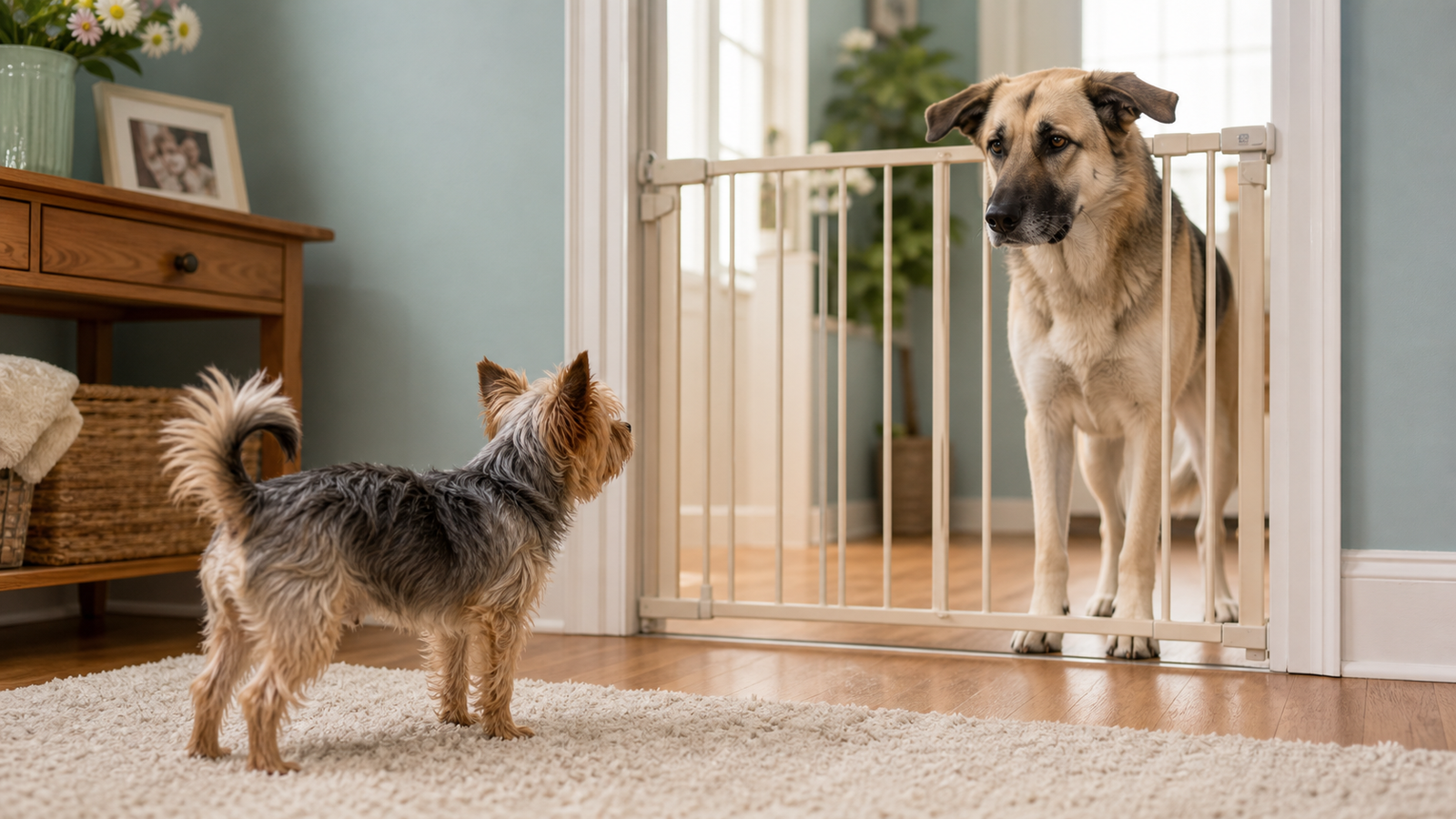 A small dog stands at a comfortable distance from a larger dog behind an indoor gate.