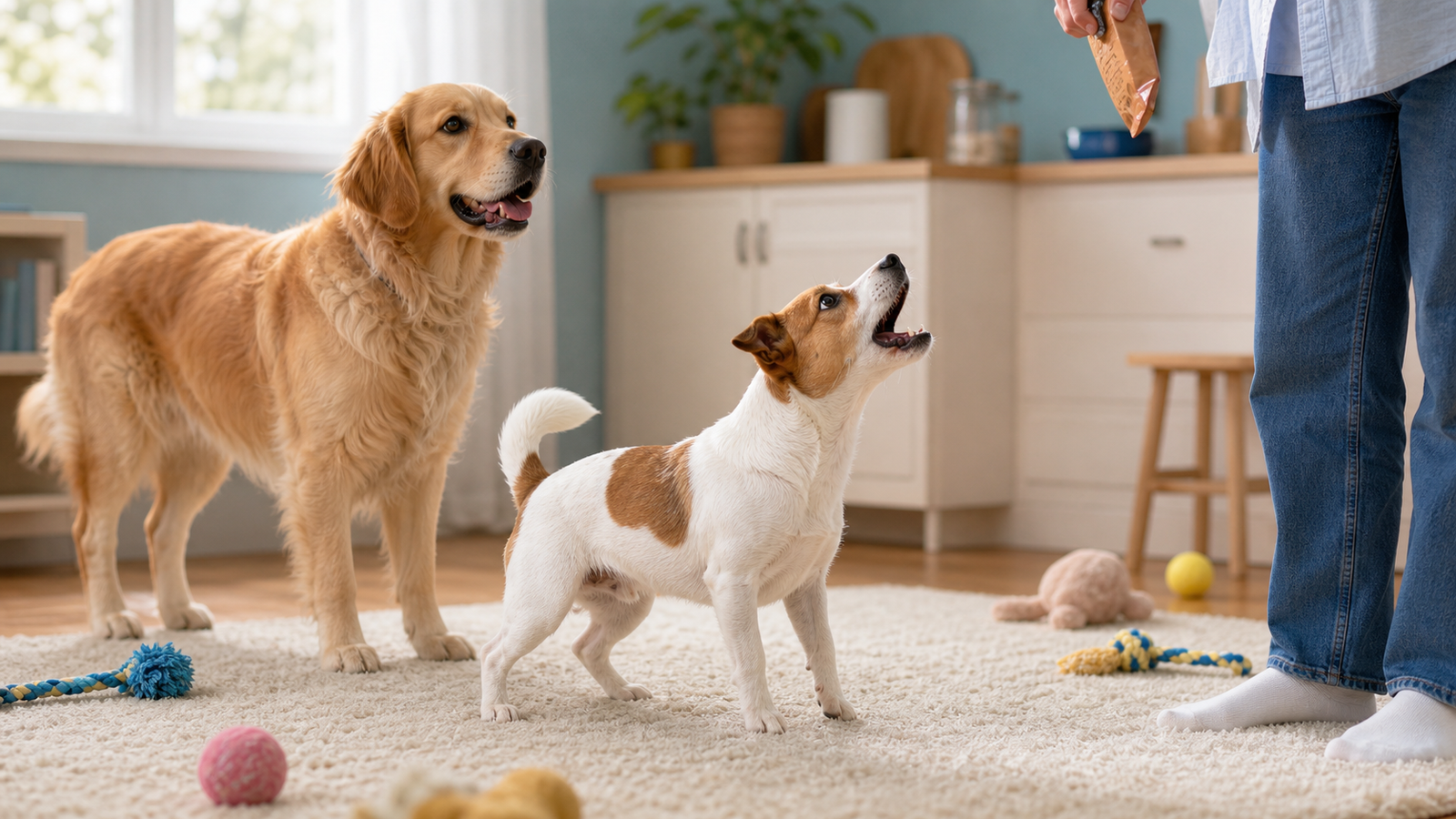 A small dog barks excitedly near a larger calm dog while a person holds a treat or toy nearby.