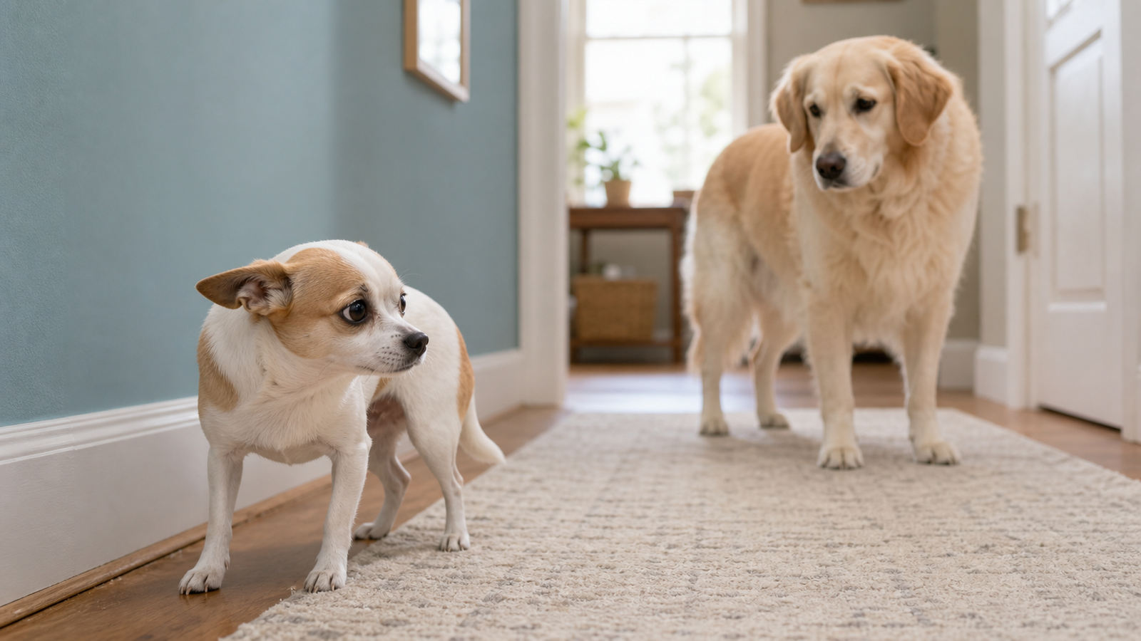 A small dog pauses with cautious body language while a larger calm dog stands farther away.